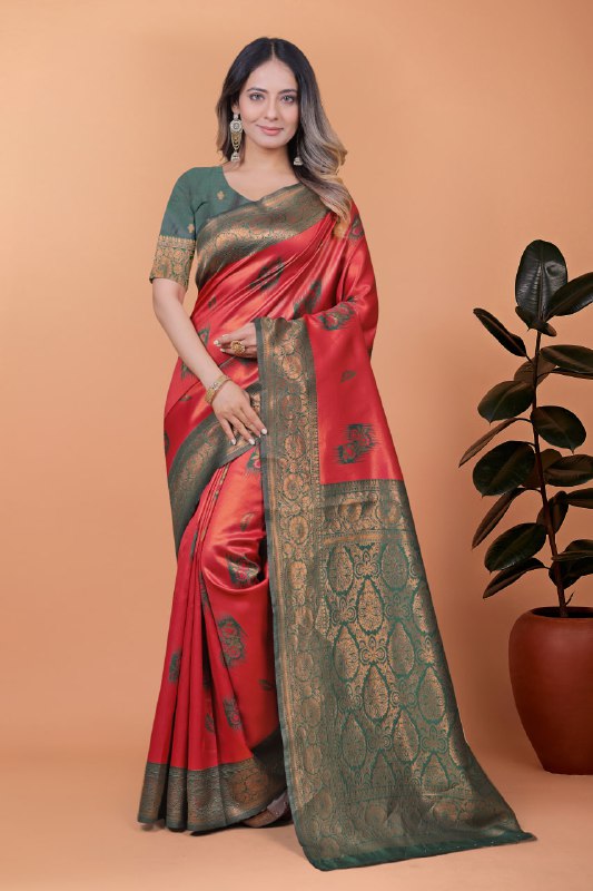 Red & Bottle Green Banarasi Silk Saree with Antique Zari Weaving