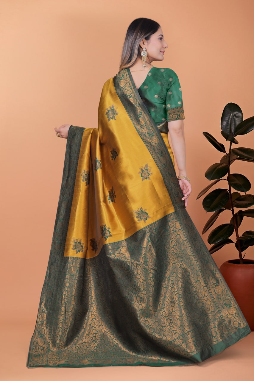 Golden Mustard & Bottle Green Banarasi Silk Saree with Floral Accents