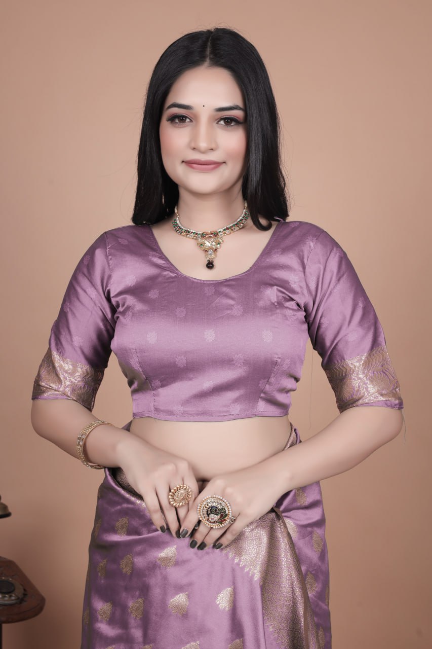 Lavender Banarasi Silk Saree with Golden Zari Weaving