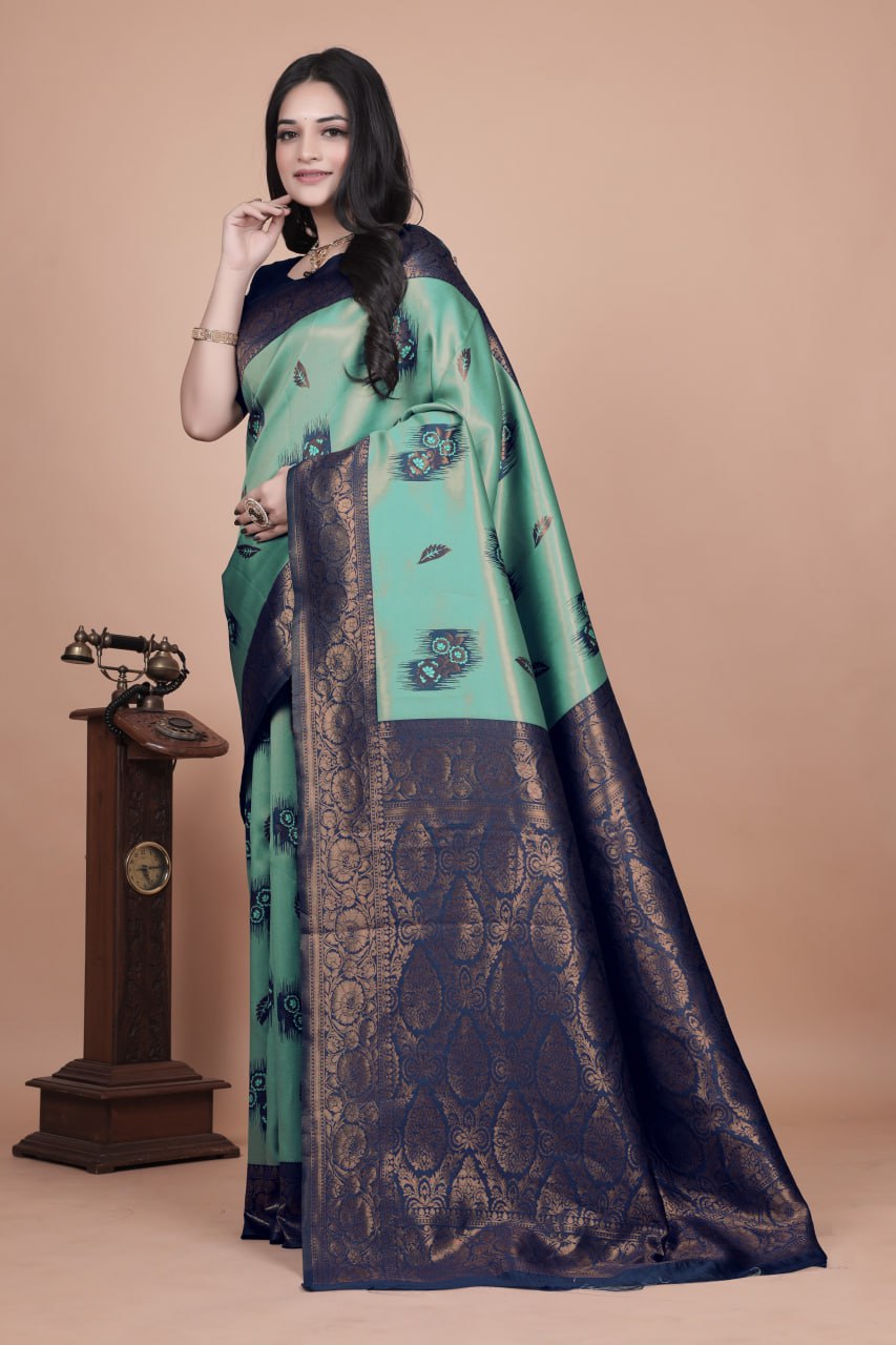 Sea Green & Navy Blue Banarasi Silk Saree with Zari Embellishment