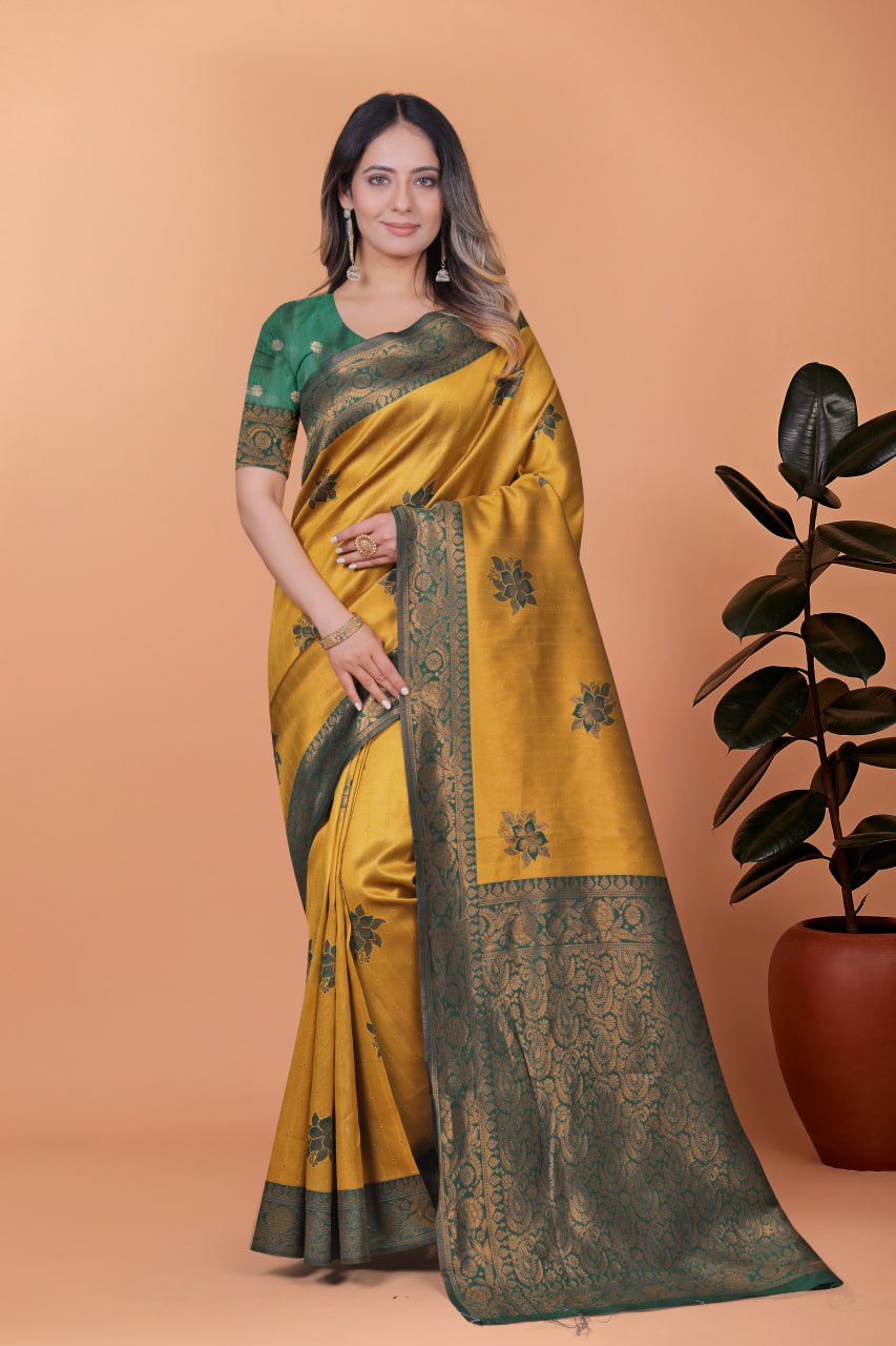 Golden Mustard & Bottle Green Banarasi Silk Saree with Floral Accents