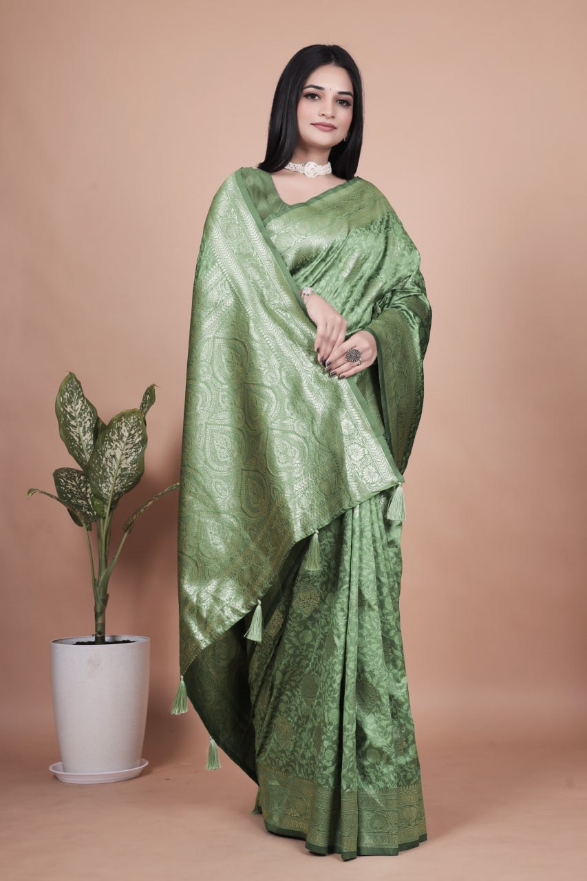 Pista Green Banarasi Silk Saree with Silver Zari Butti and Ornate Pallu