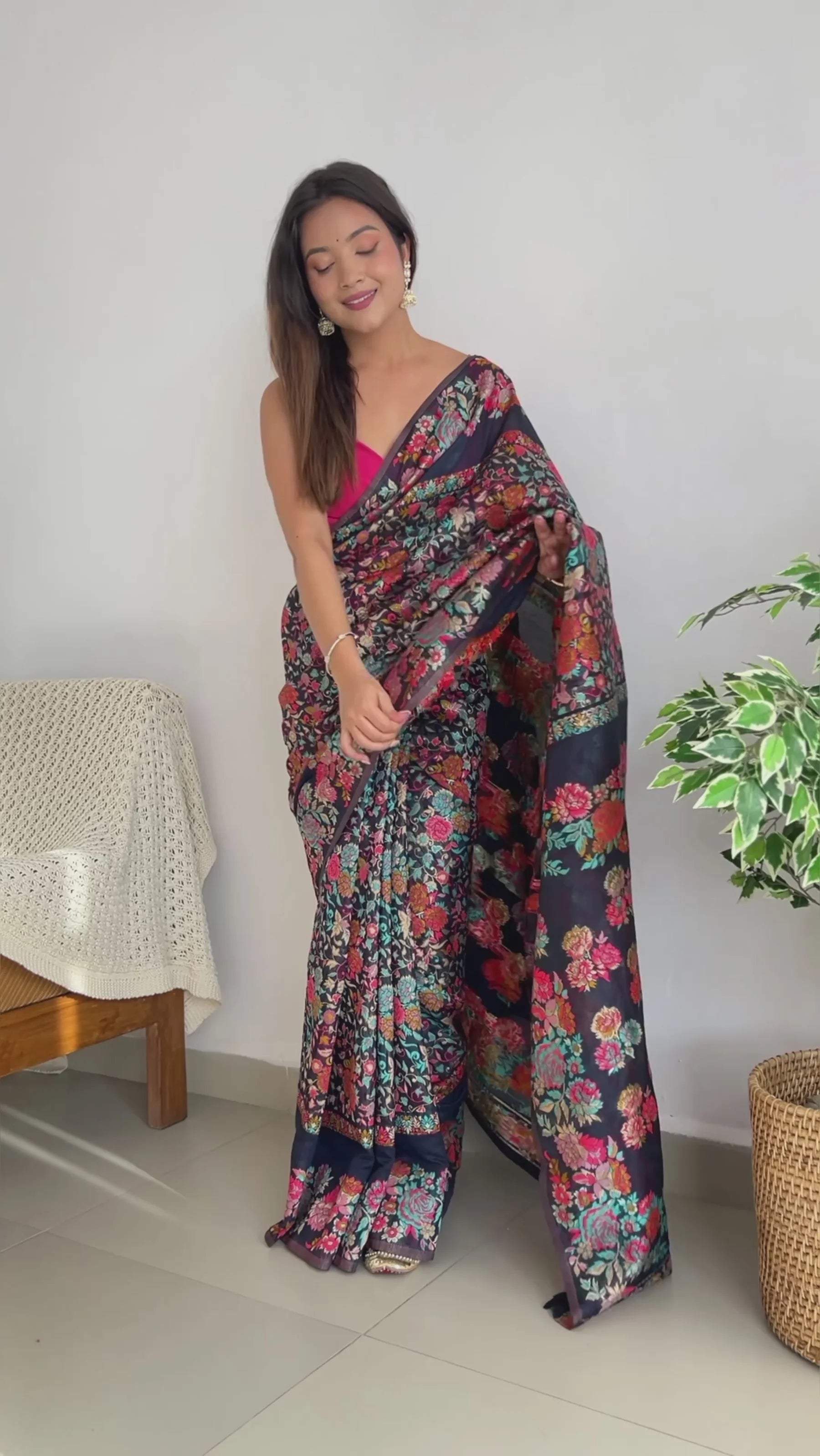 KASHMIRI PASHMINA COTTON KACHHI WORK MULTI THRADE SAREE