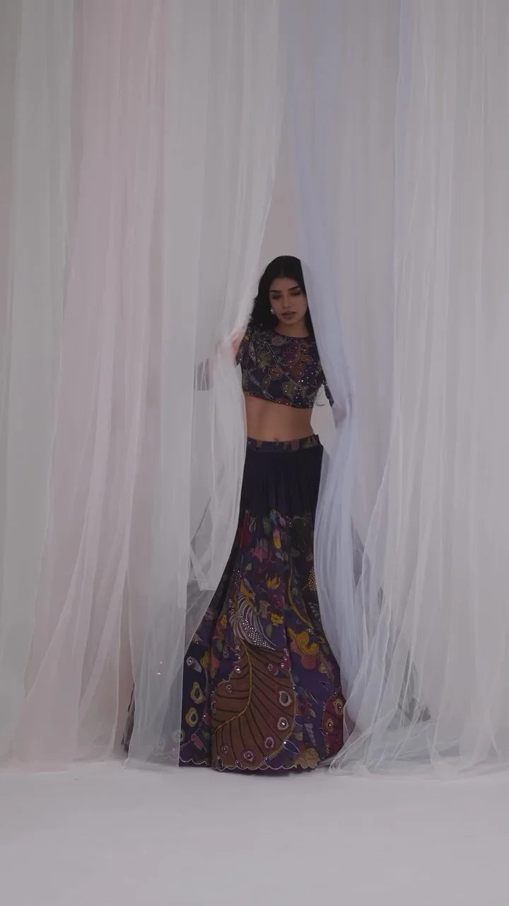 Traditional Purple Kalamkari Lehenga Set with Peacock Motif and Pink Dupatta