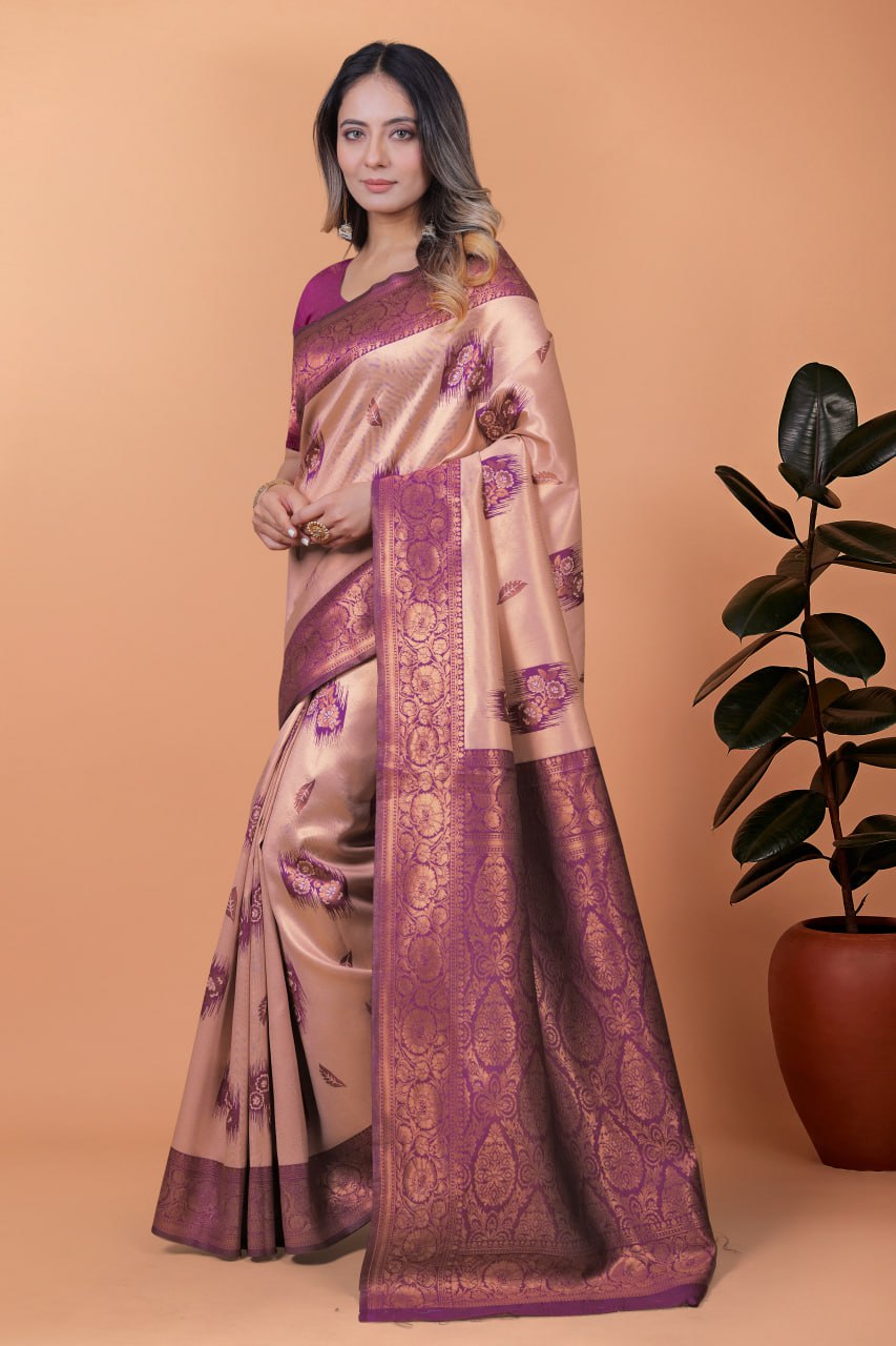 Beige & Plum Zari Woven Banarasi Silk Saree