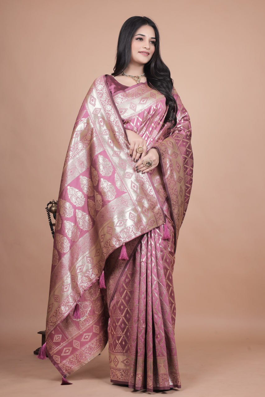 Mauve Banarasi Silk Saree with Silver Geometric and Floral Zari Work