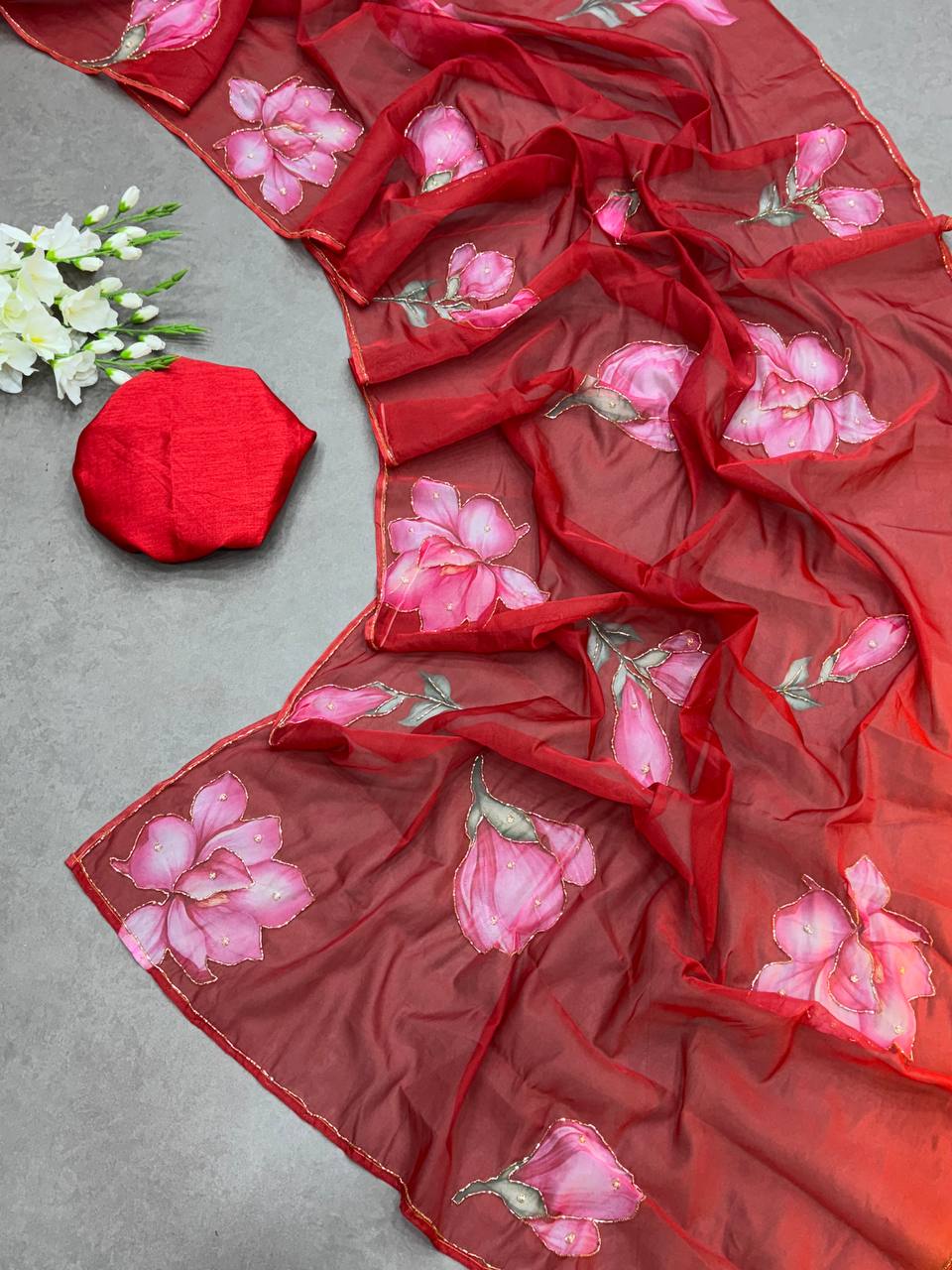 FLOWER HANDWORK CUT DANA ROSE SOFT TABI ORGANZA HANDWORK SAREE