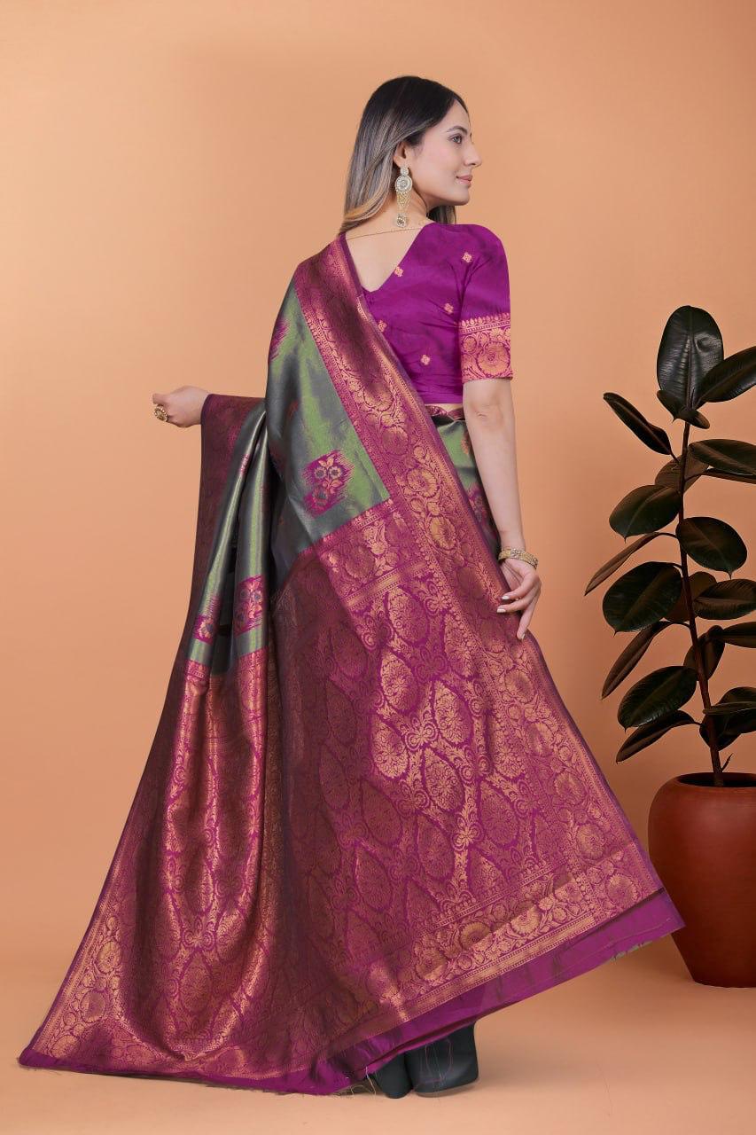 Graceful Banarasi Silk Saree in Grey-Green with Magenta Zari Border & Blouse Piece