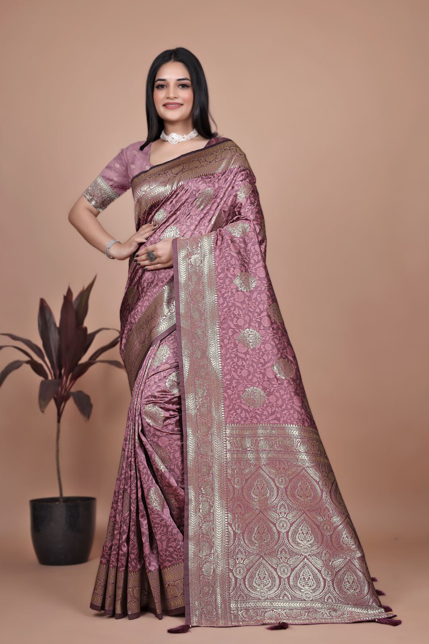 Dusty Rose Banarasi Silk Saree with Gold Zari Butti and Regal Pallu