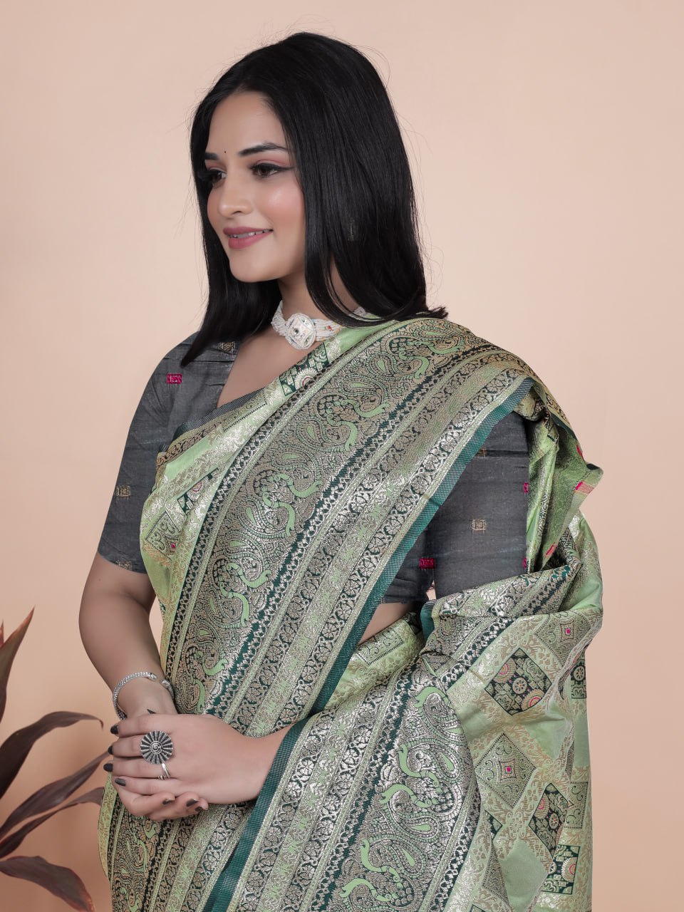 Pastel Green and Dark Green Banarasi Silk Saree with Silver Zari Weaving