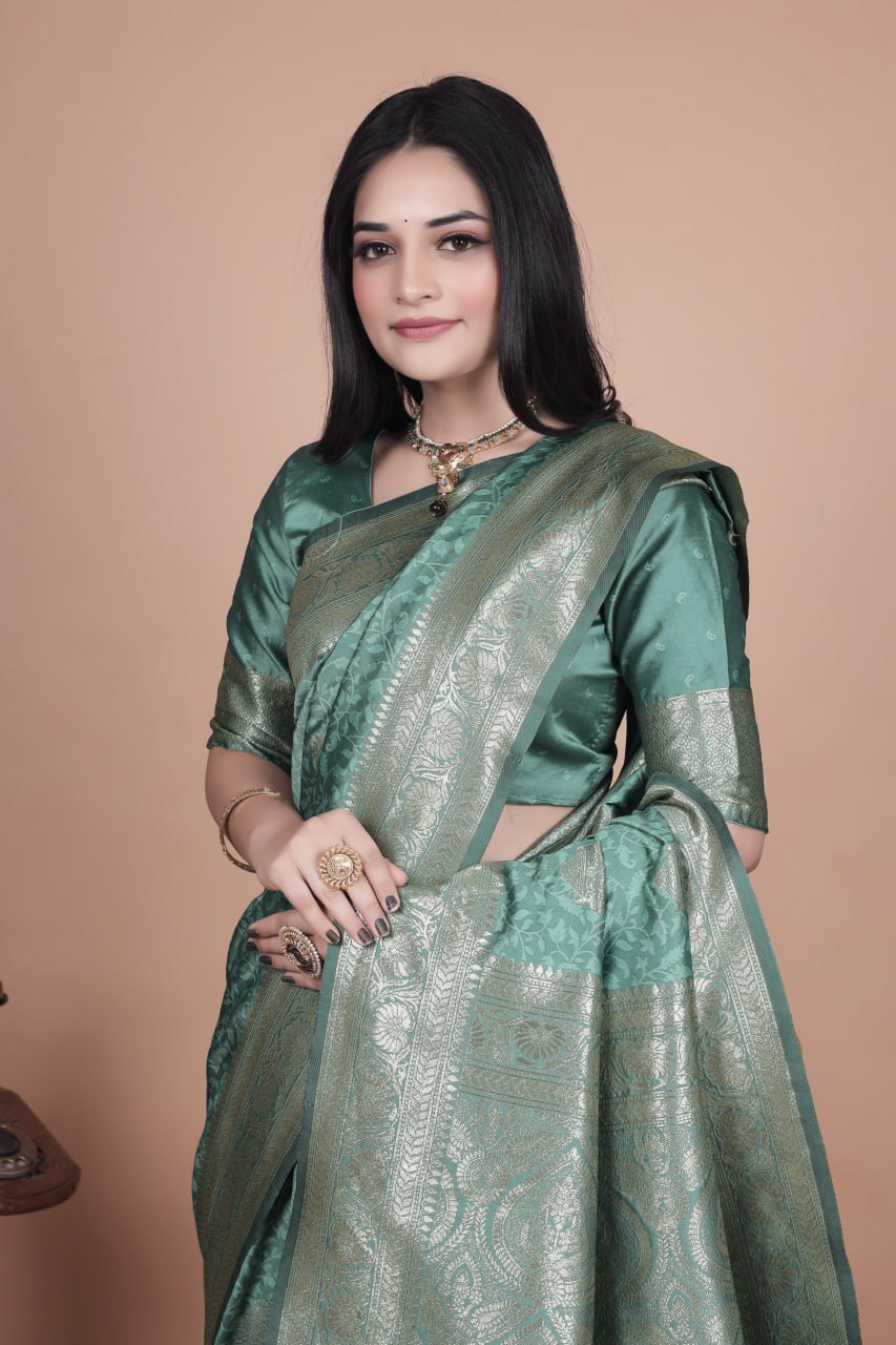 Pastel Teal Banarasi Silk Saree with Gold Zari Butti and Ornate Pallu