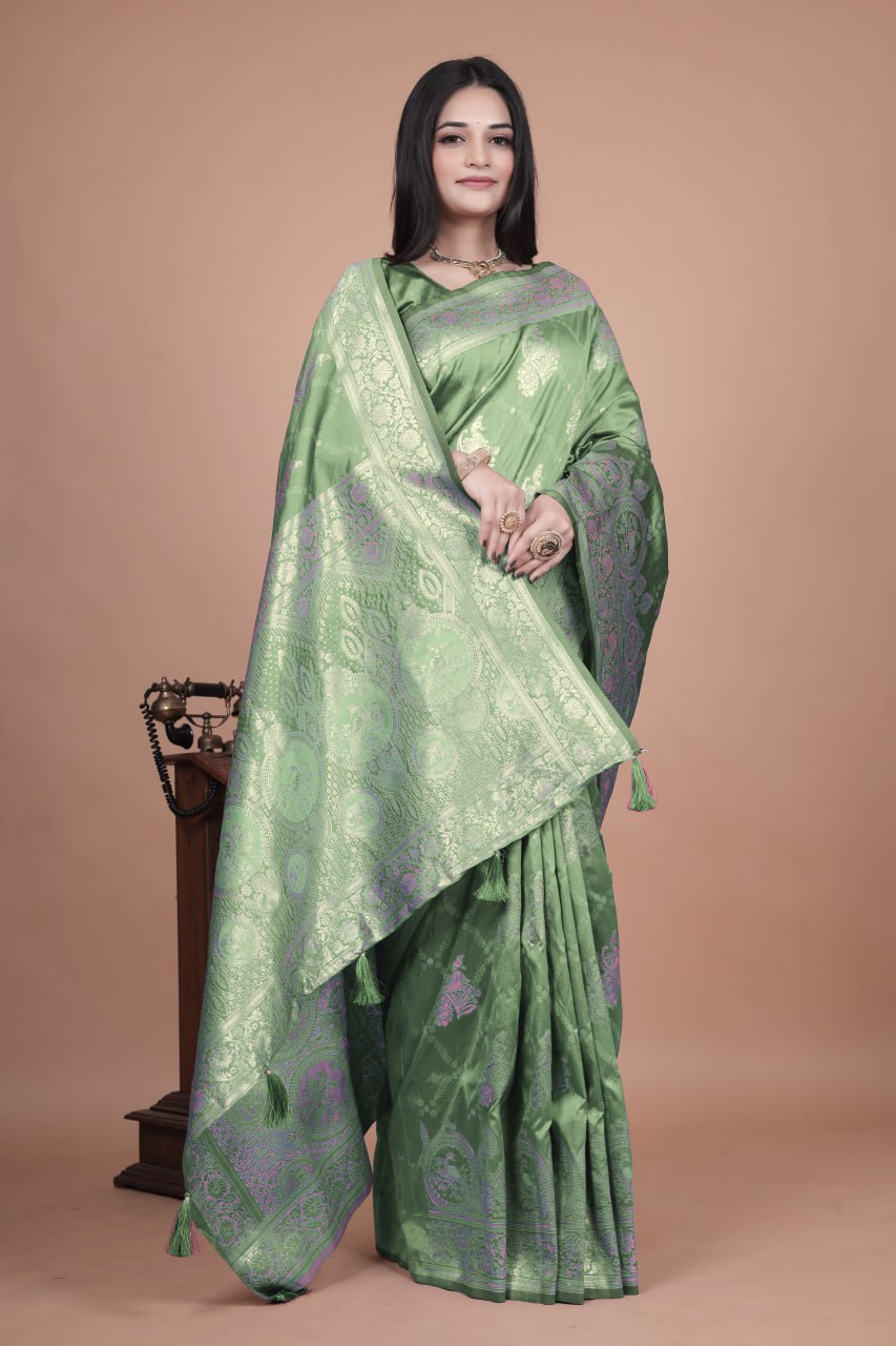Mint Green Banarasi Silk Saree with Golden Zari Weaving