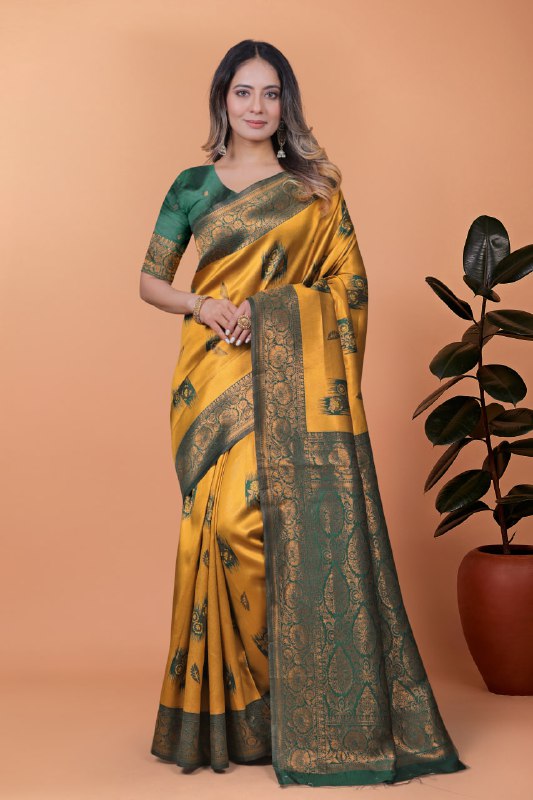 Mustard Yellow & Green Banarasi Silk Saree with Zari Weaving