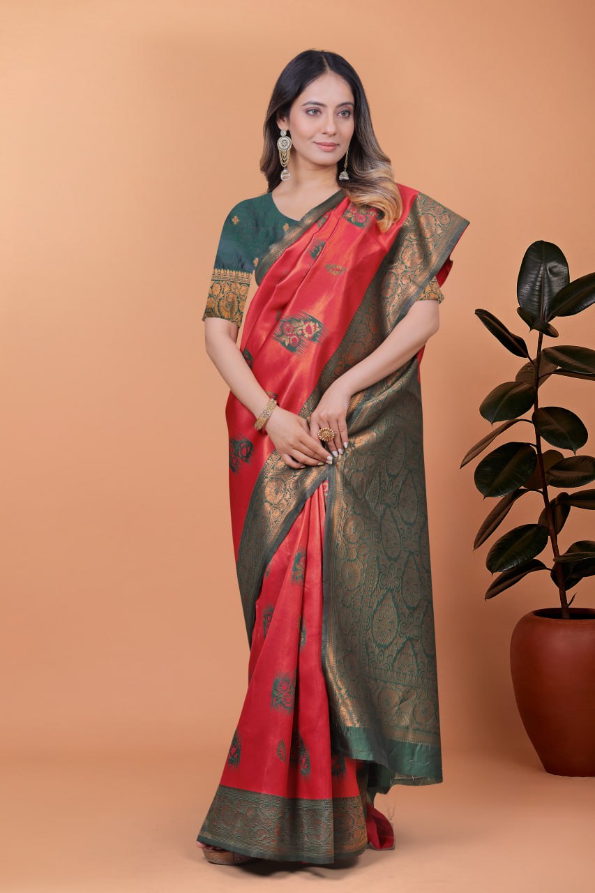 Red & Bottle Green Banarasi Silk Saree with Antique Zari Weaving