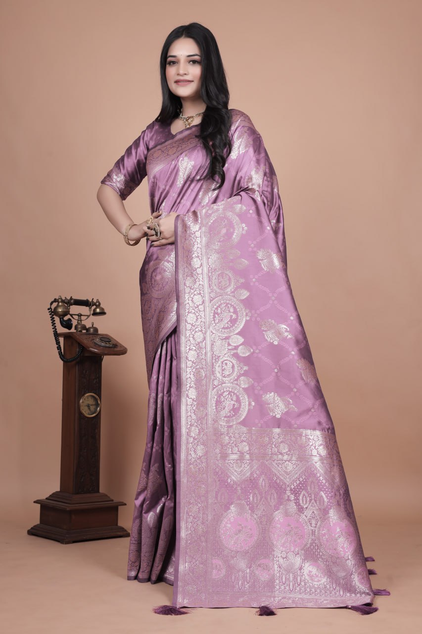 Lavender Banarasi Silk Saree with Silver Zari Weaving