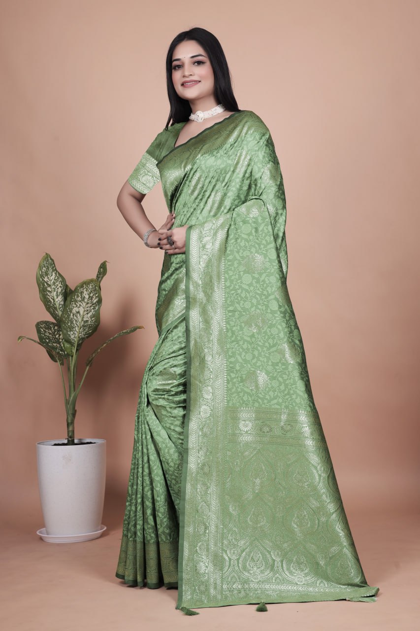 Pista Green Banarasi Silk Saree with Silver Zari Butti and Ornate Pallu