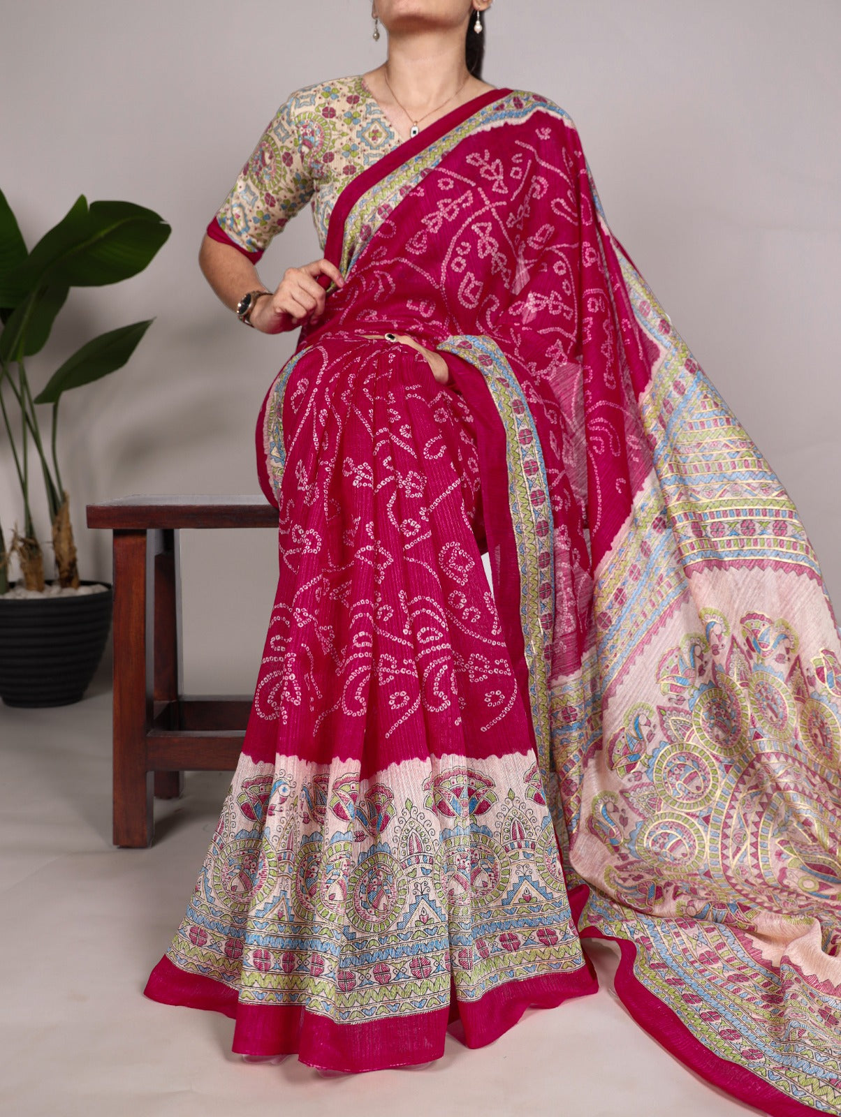 Fusion Of Madhubani and Bandhej Saree