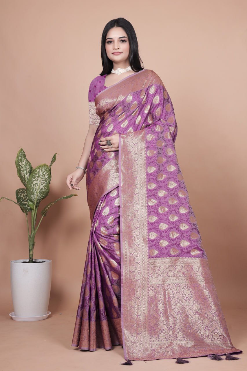 Royal Purple Banarasi Silk Saree with Golden Zari Butta Weaving