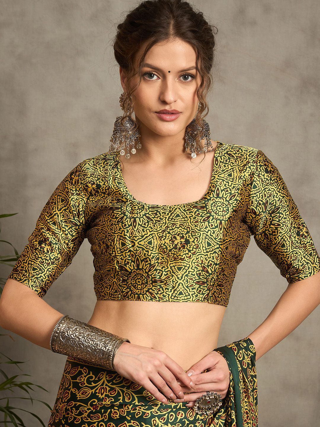 Elegant Handcrafted Gajji Silk Saree in Deep Green with Mustard Ajrakh Print