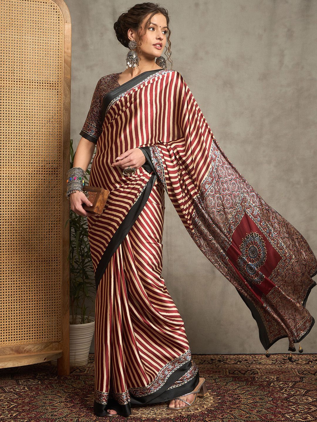 Maroon & Beige Striped Gajji Silk Saree with Mandala-Inspired Pallu