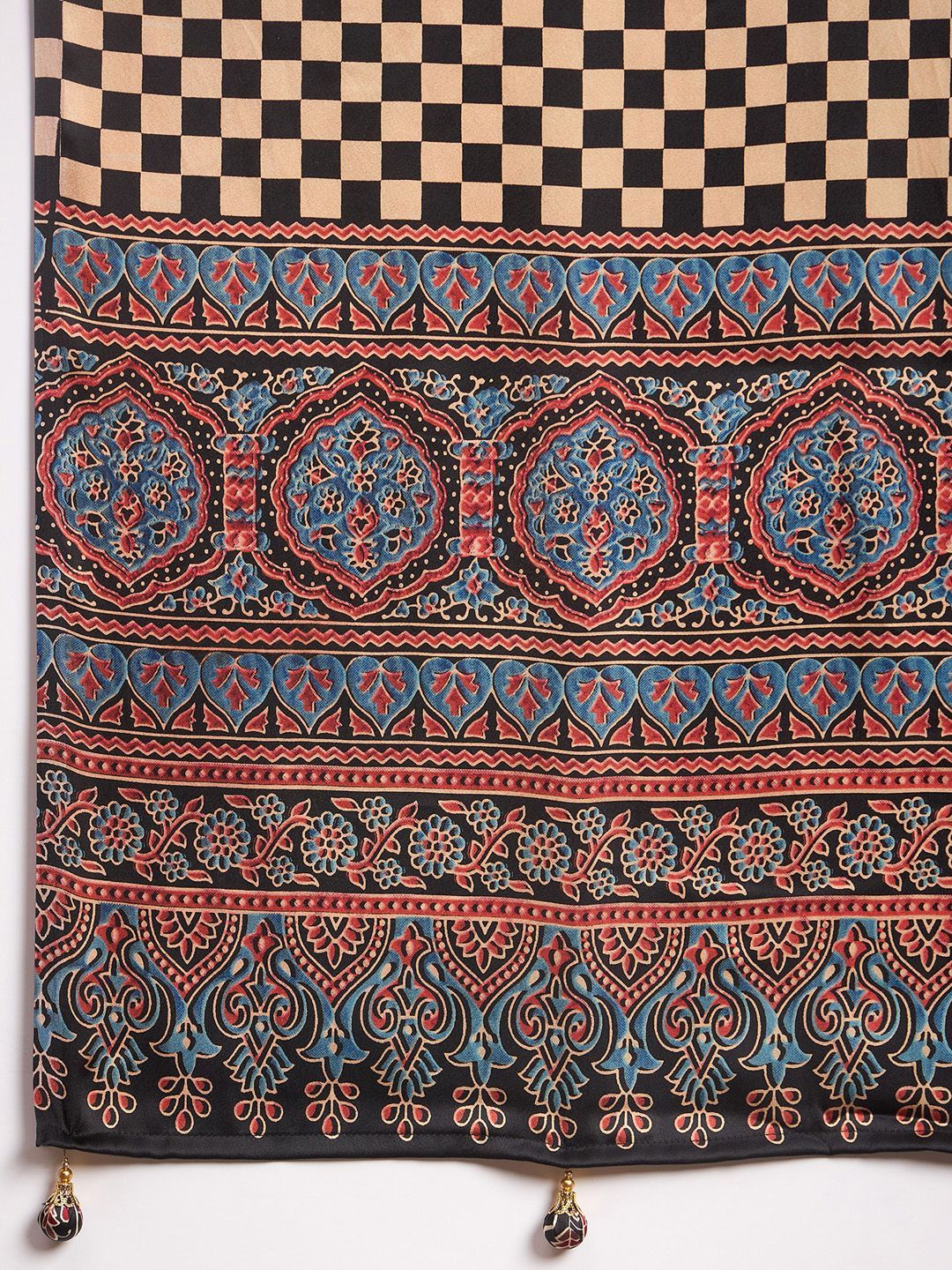 Black Gajji Silk Saree with Multicolor Ajrakh Motifs & Designer Pallu