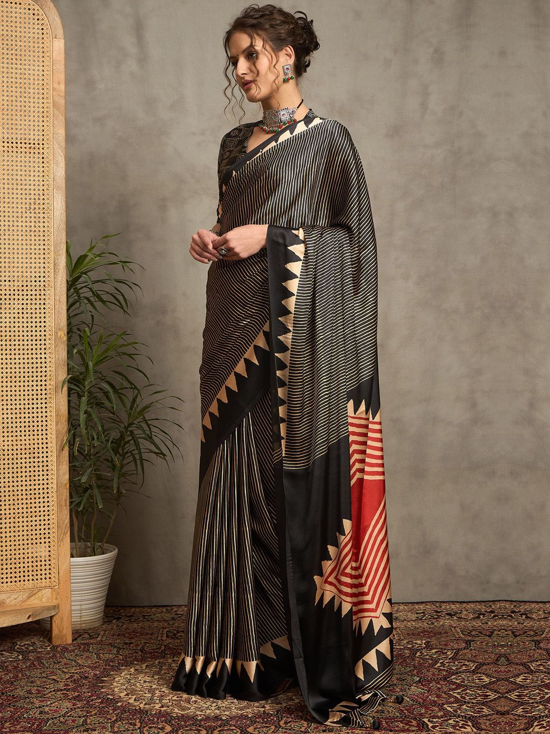 Black Gajji Silk Saree with Tribal Red Geometric Motif & Contrast Border