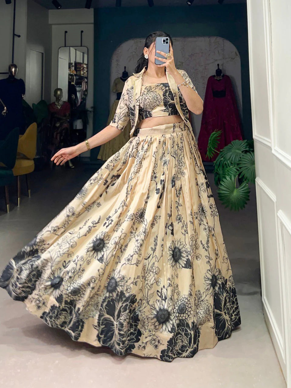 Ethereal Radiance: Mauve Tussar Silk Lehenga with Jacket ( koti )