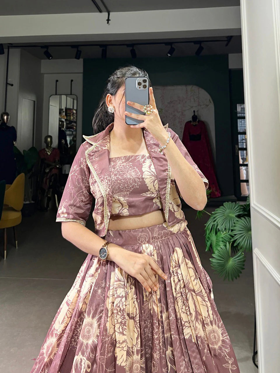 Ethereal Radiance: Mauve Tussar Silk Lehenga with Jacket ( koti )