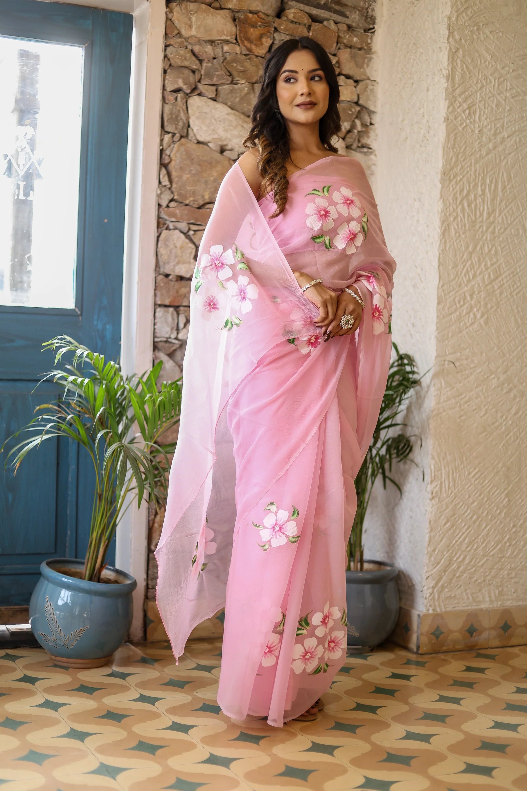 Blush Pink Georgette Saree with Hand-Painted White & Pink Floral Motifs – Attached Blouse – 5.5 Meters