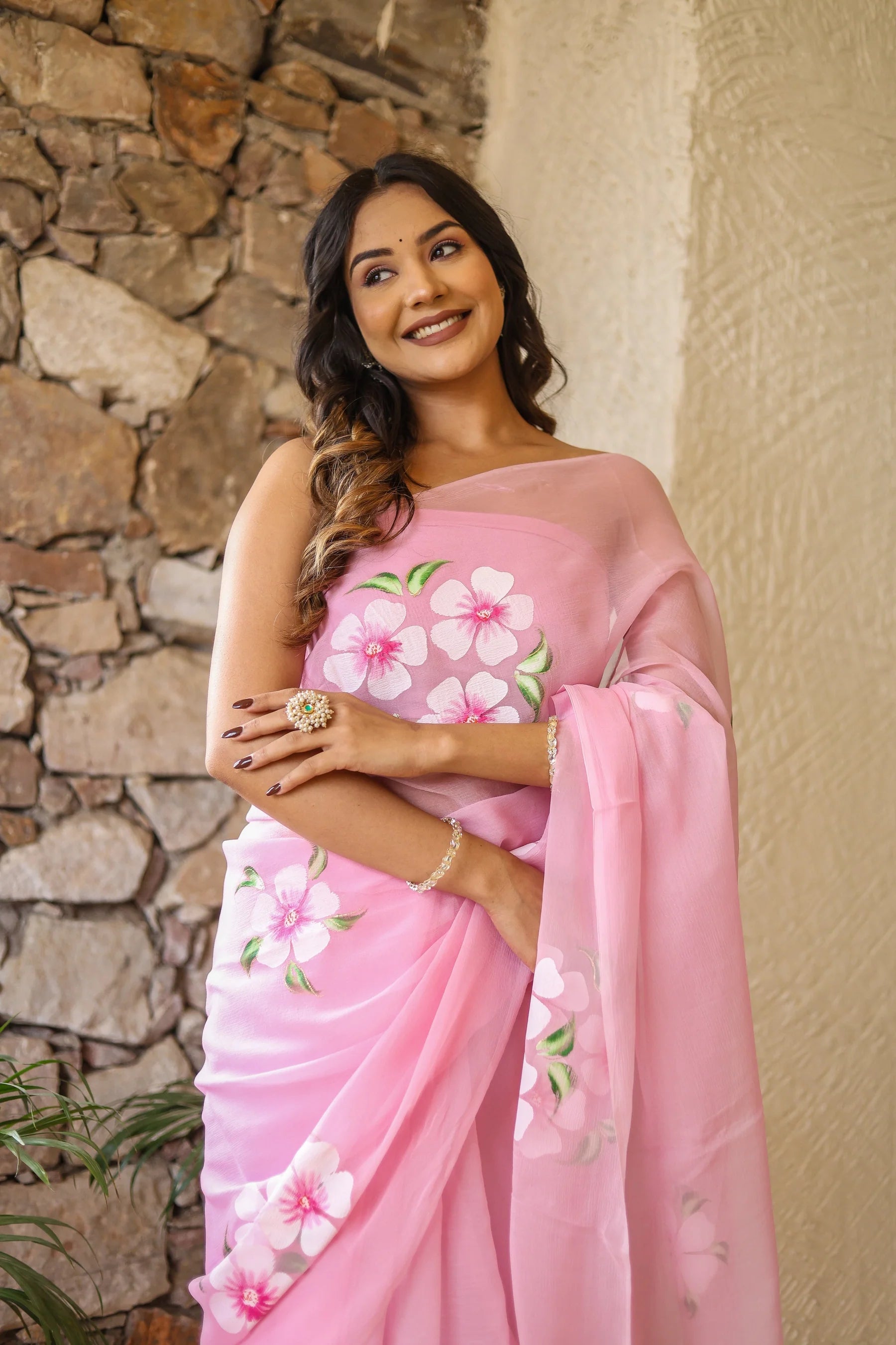 Blush Pink Georgette Saree with Hand-Painted White & Pink Floral Motifs – Attached Blouse – 5.5 Meters