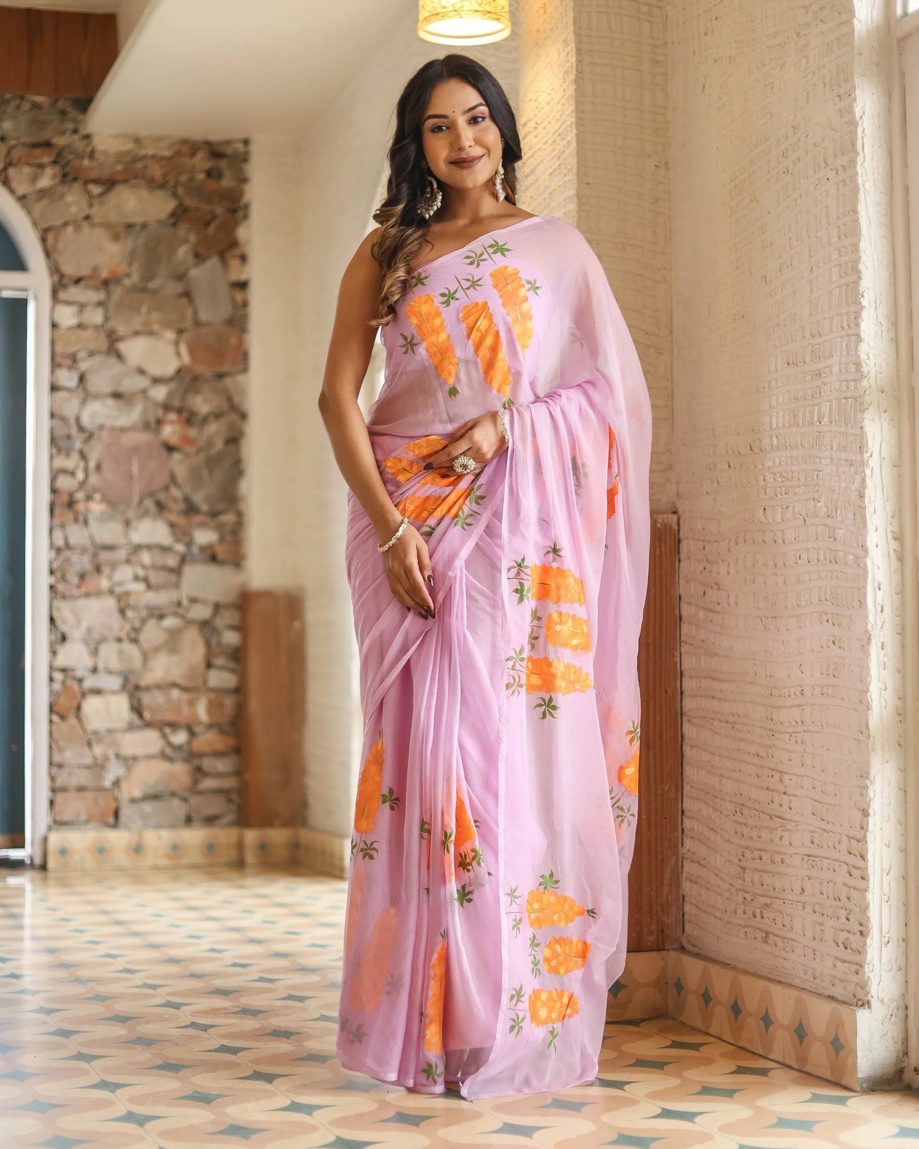 Lavender Georgette Saree with Hand-Painted Orange Marigold Floral Bunches – Attached Blouse – 5.5 Meters