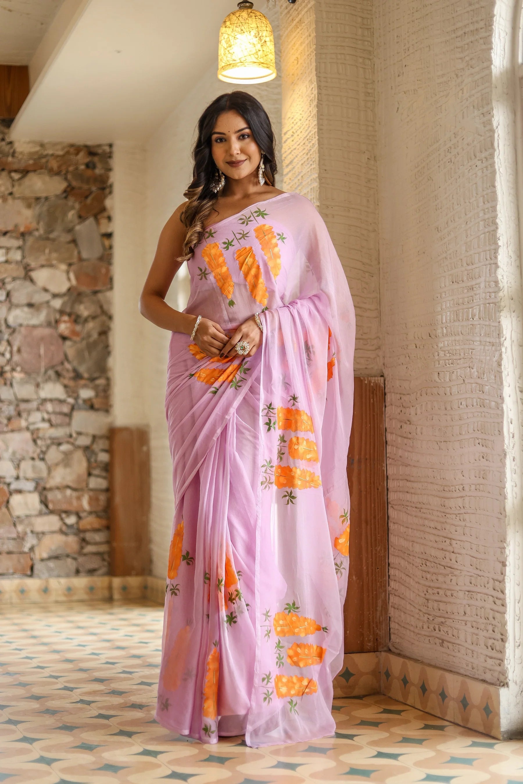 Lavender Georgette Saree with Hand-Painted Orange Marigold Floral Bunches – Attached Blouse – 5.5 Meters