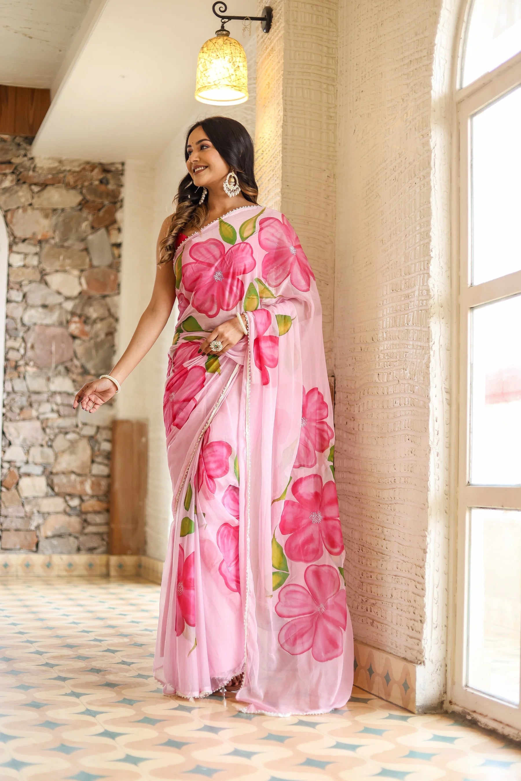 Blush Pink Georgette Saree with Oversized Hand-Painted Magenta Flowers & Bead Detailing – Attached Blouse – 5.5 Meters