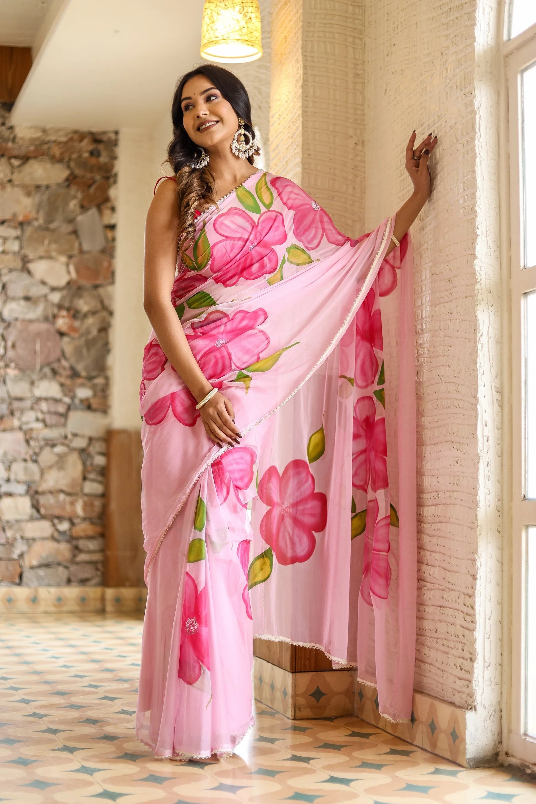 Blush Pink Georgette Saree with Oversized Hand-Painted Magenta Flowers & Bead Detailing – Attached Blouse – 5.5 Meters