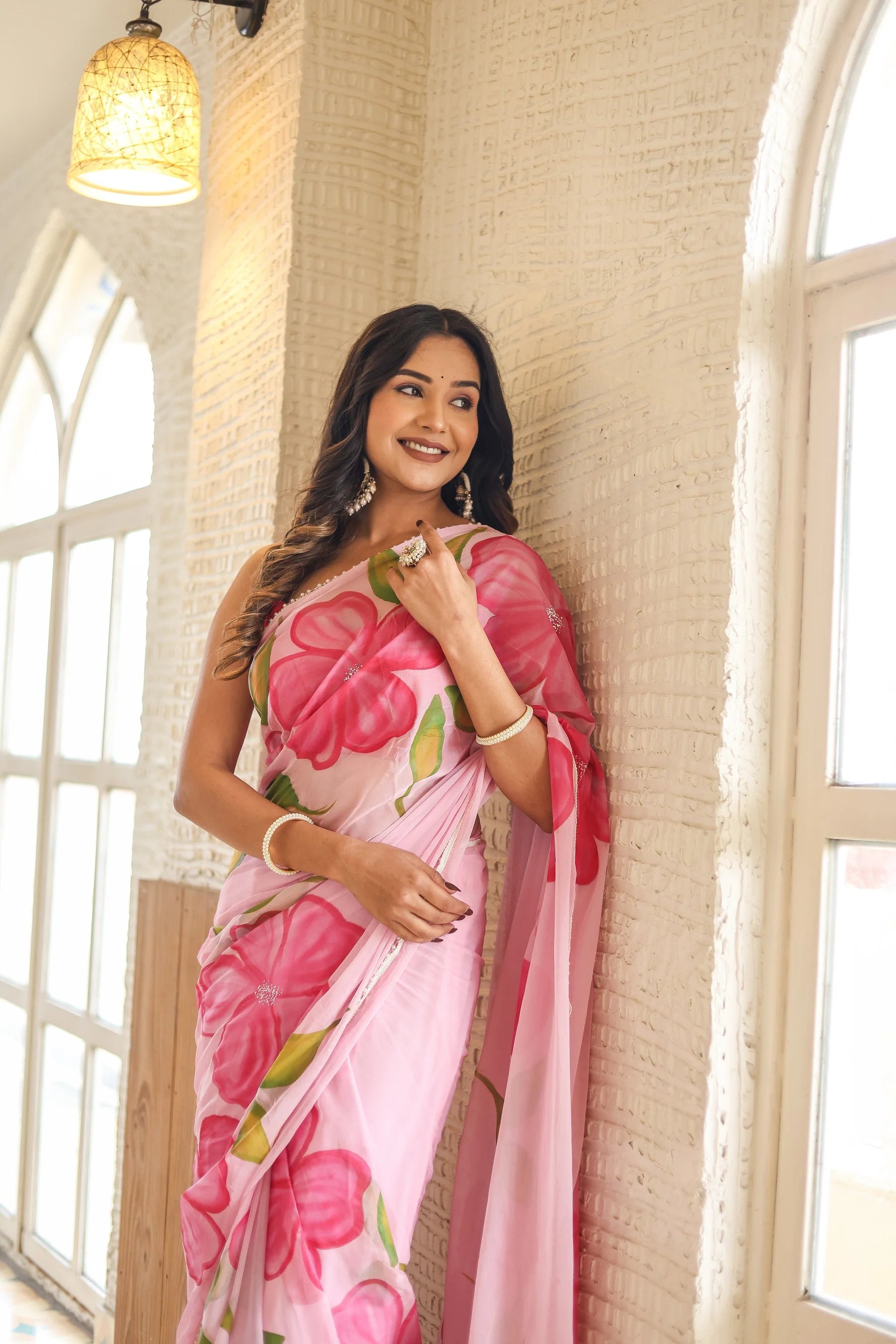 Blush Pink Georgette Saree with Oversized Hand-Painted Magenta Flowers & Bead Detailing – Attached Blouse – 5.5 Meters