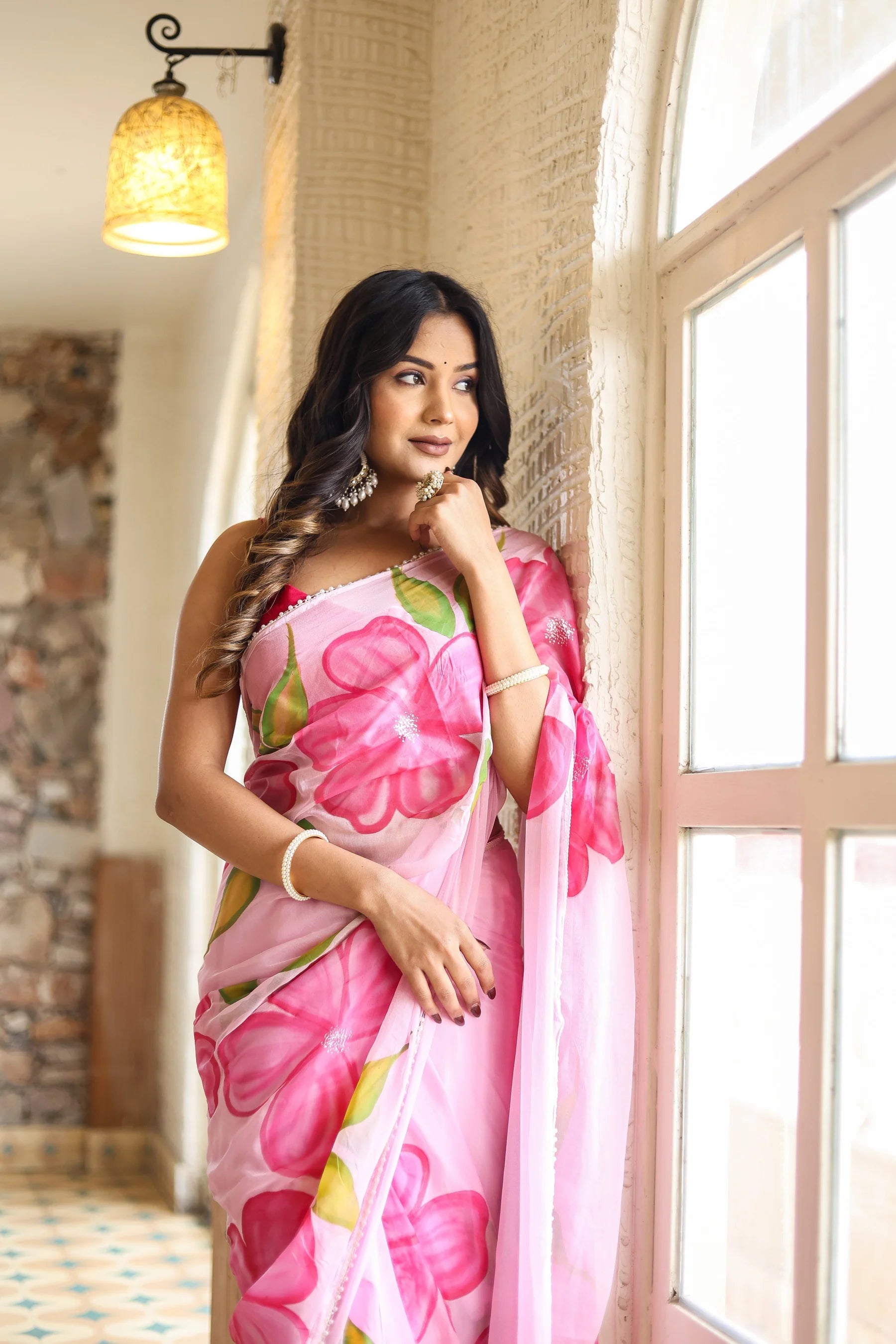 Blush Pink Georgette Saree with Oversized Hand-Painted Magenta Flowers & Bead Detailing – Attached Blouse – 5.5 Meters