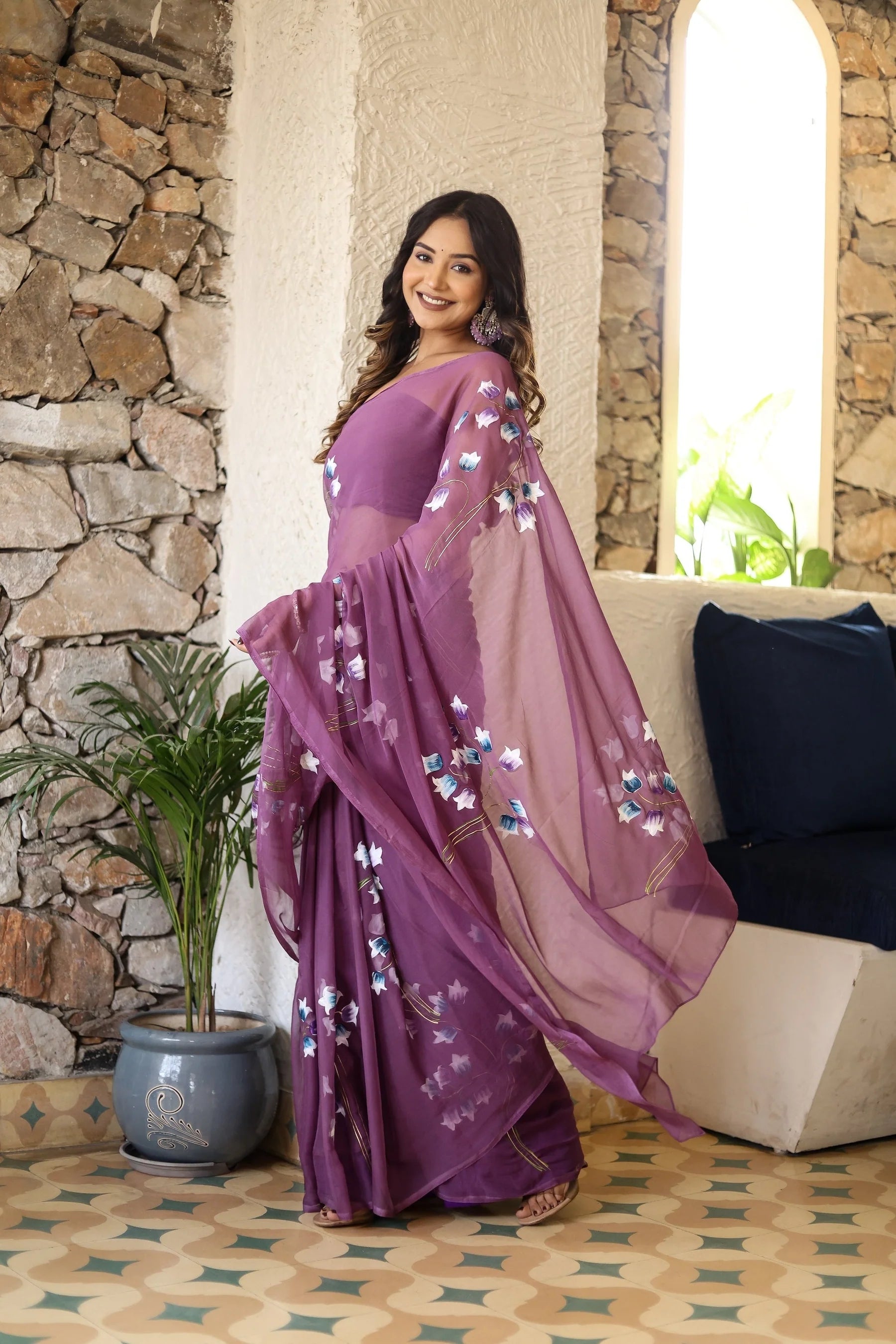 Plum Purple Georgette Saree with Hand-Painted Blue & White Bell Flowers – Attached Blouse – 5.5 Meters