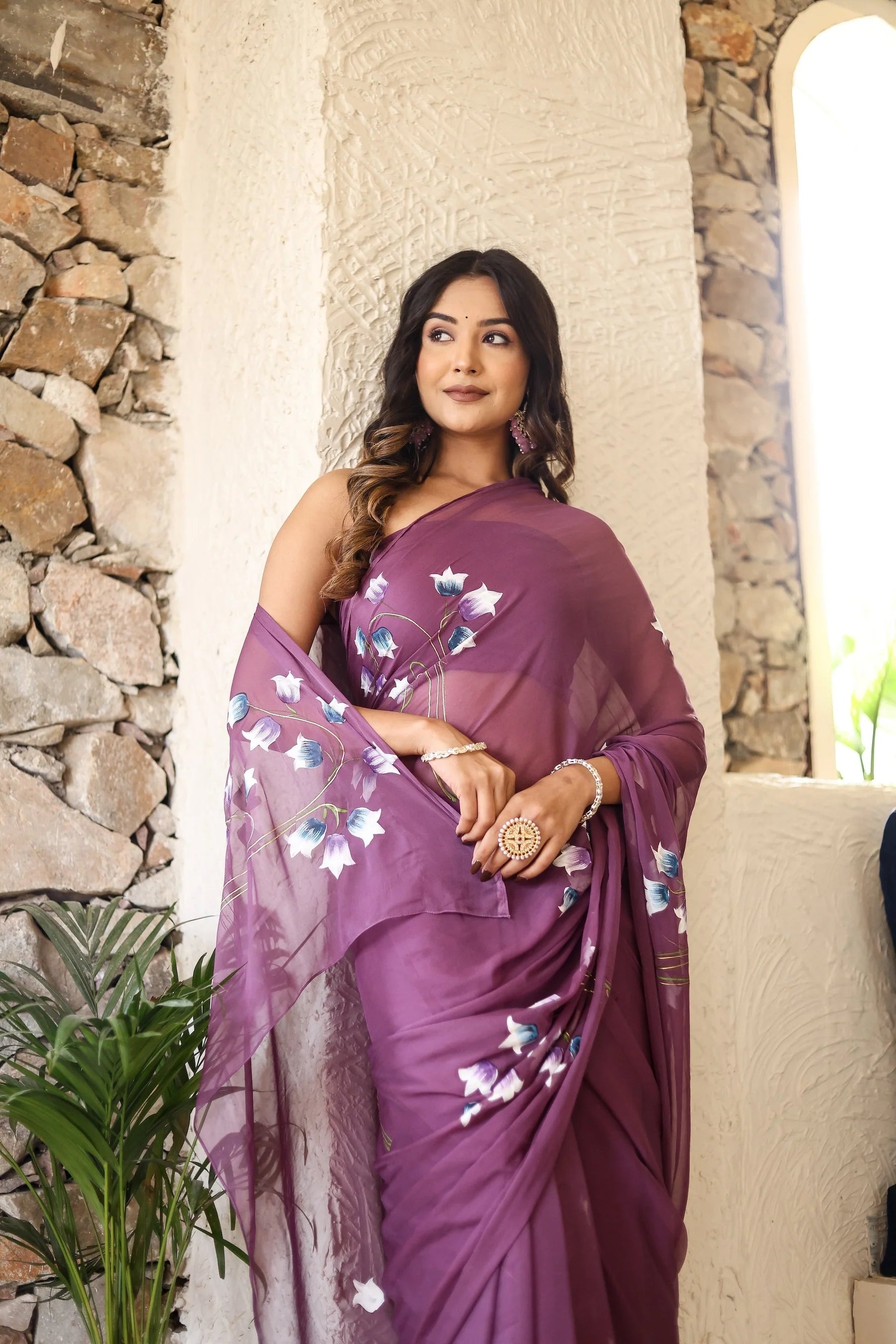 Plum Purple Georgette Saree with Hand-Painted Blue & White Bell Flowers – Attached Blouse – 5.5 Meters