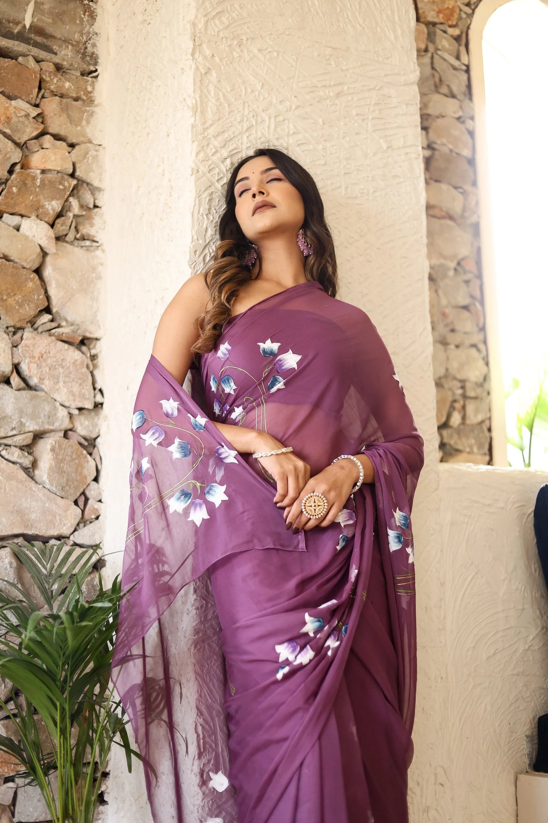 Plum Purple Georgette Saree with Hand-Painted Blue & White Bell Flowers – Attached Blouse – 5.5 Meters