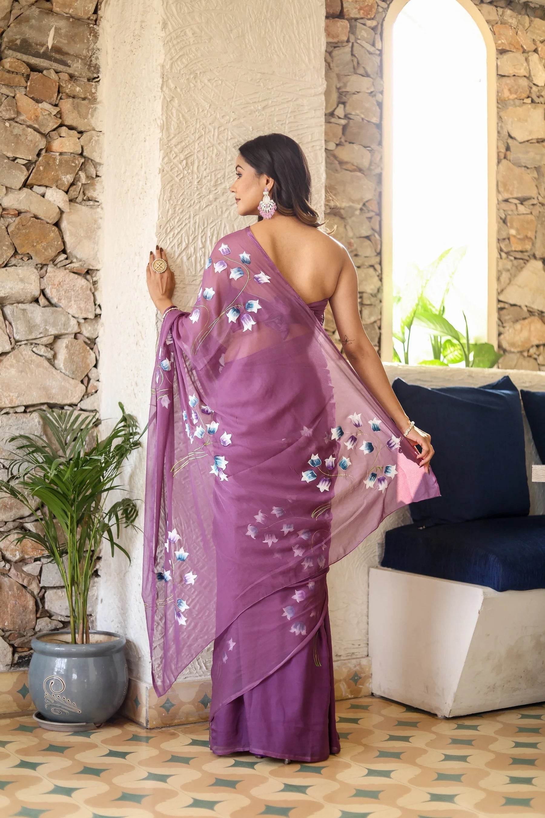 Plum Purple Georgette Saree with Hand-Painted Blue & White Bell Flowers – Attached Blouse – 5.5 Meters
