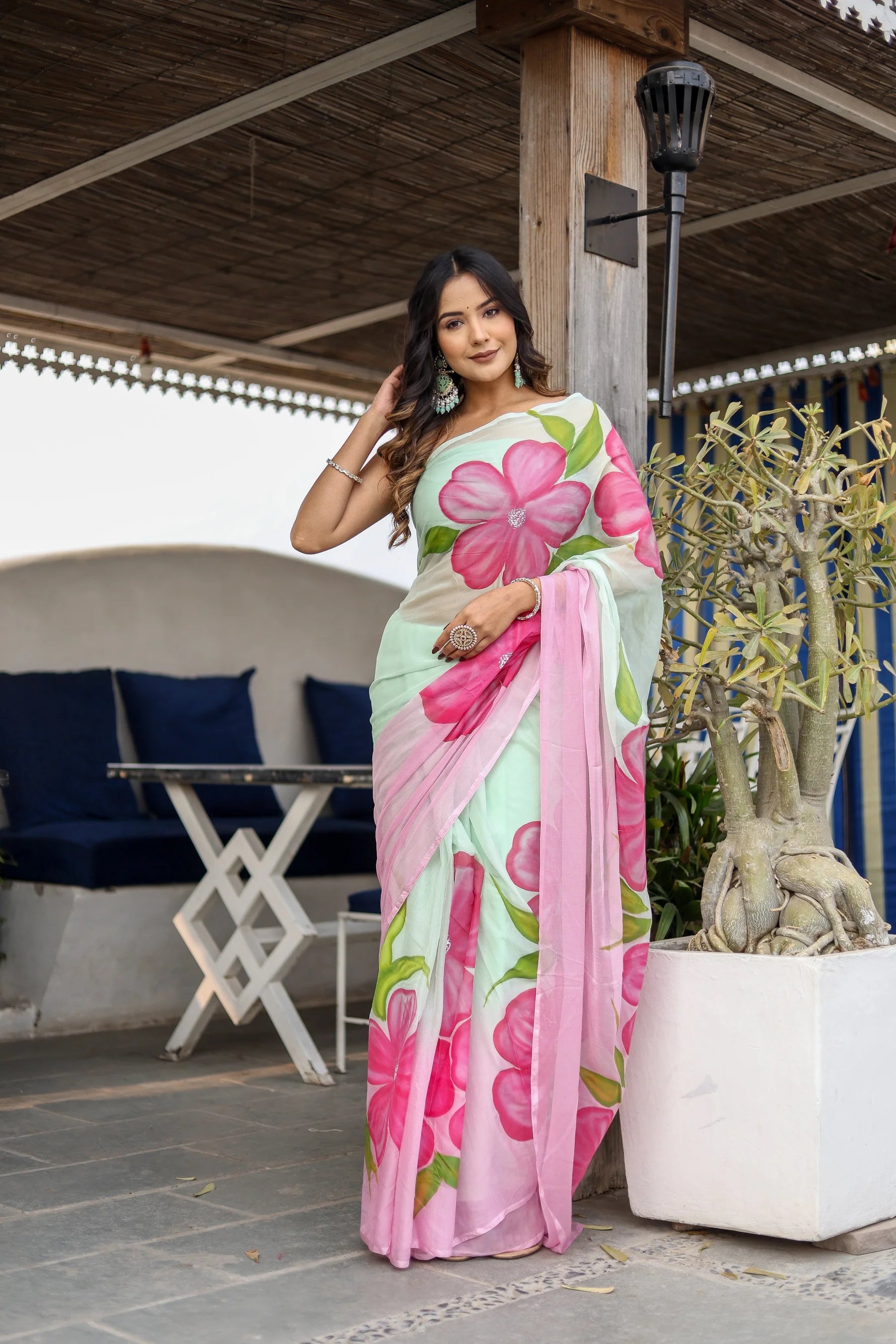 Mint Green Georgette Saree with Hand-Painted Pink Oversized Floral Motifs – Attached Blouse – 5.5 Meters