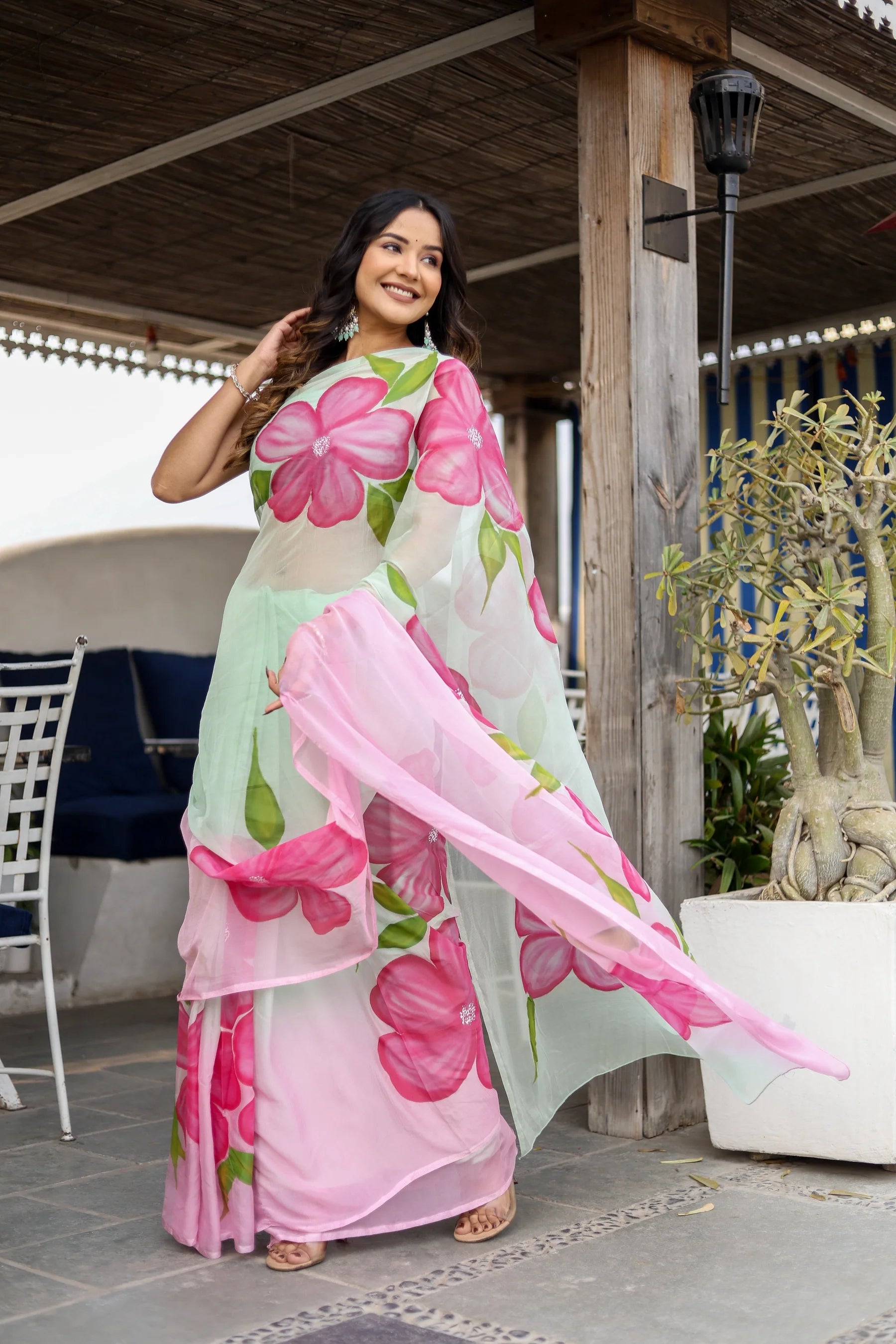 Mint Green Georgette Saree with Hand-Painted Pink Oversized Floral Motifs – Attached Blouse – 5.5 Meters
