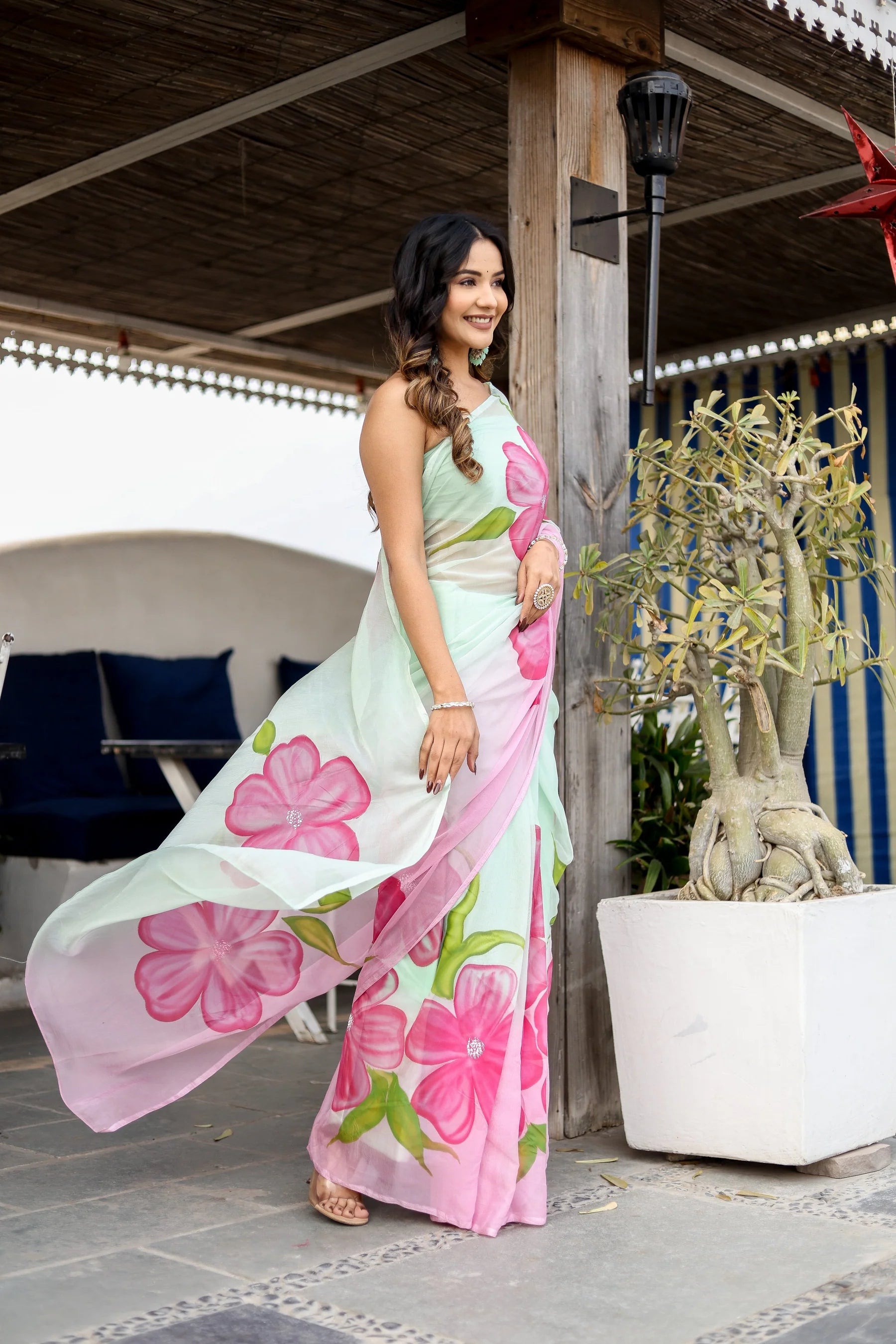Mint Green Georgette Saree with Hand-Painted Pink Oversized Floral Motifs – Attached Blouse – 5.5 Meters