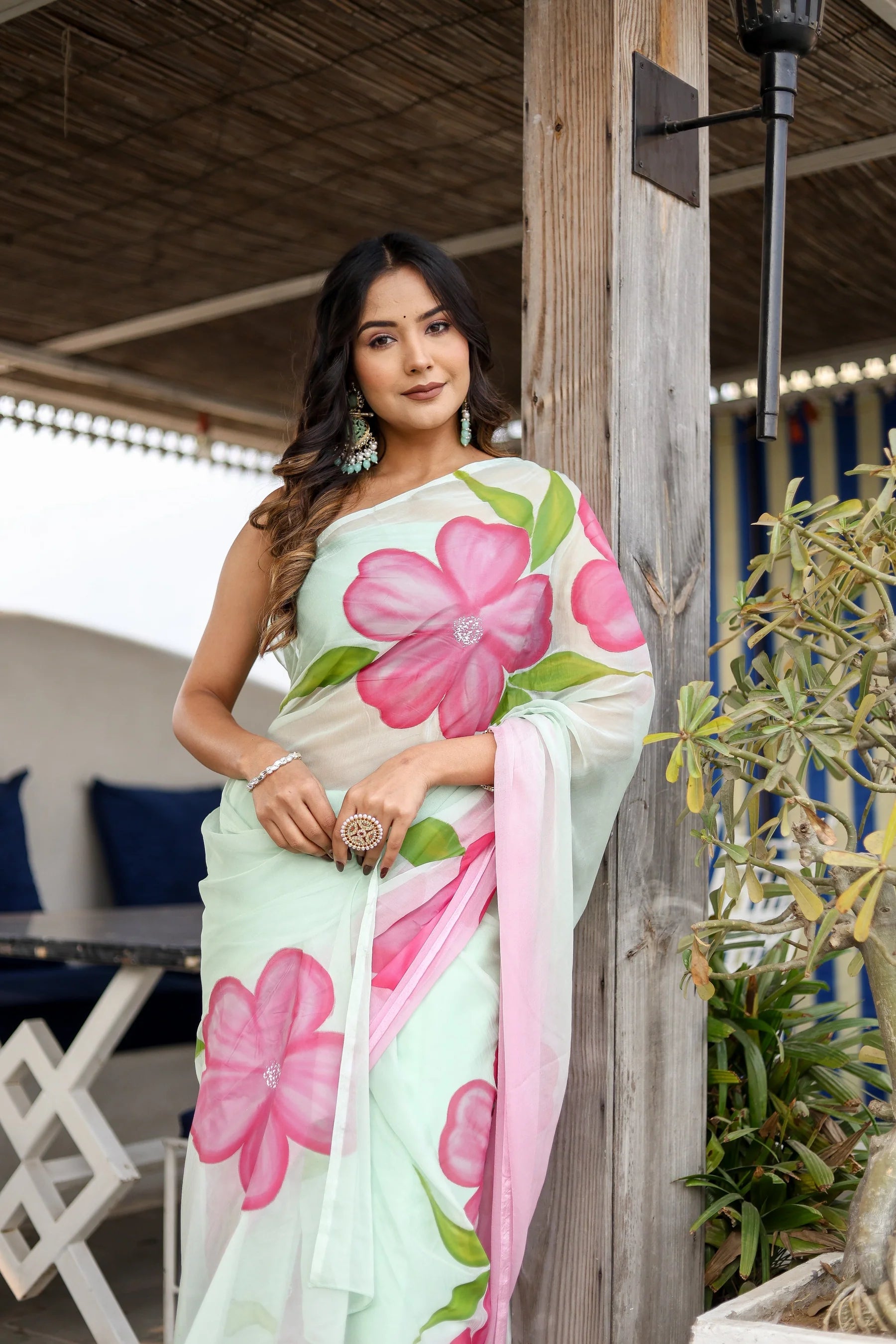 Mint Green Georgette Saree with Hand-Painted Pink Oversized Floral Motifs – Attached Blouse – 5.5 Meters