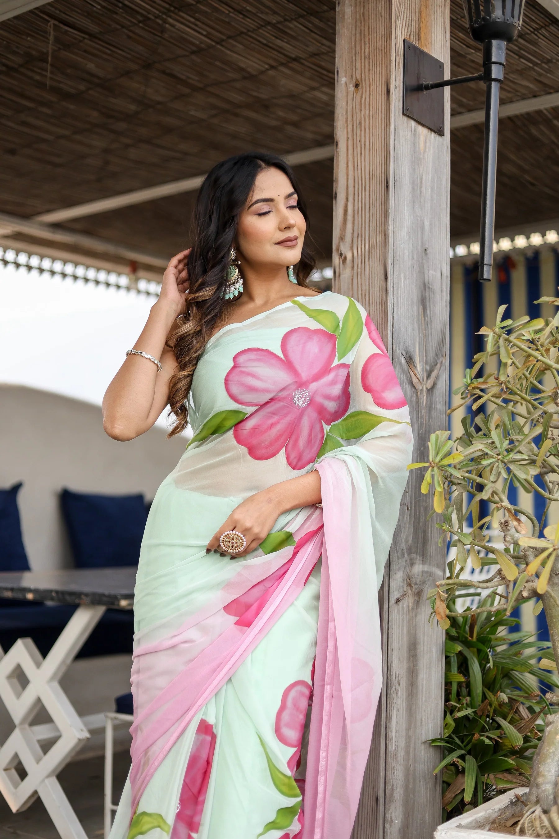 Mint Green Georgette Saree with Hand-Painted Pink Oversized Floral Motifs – Attached Blouse – 5.5 Meters