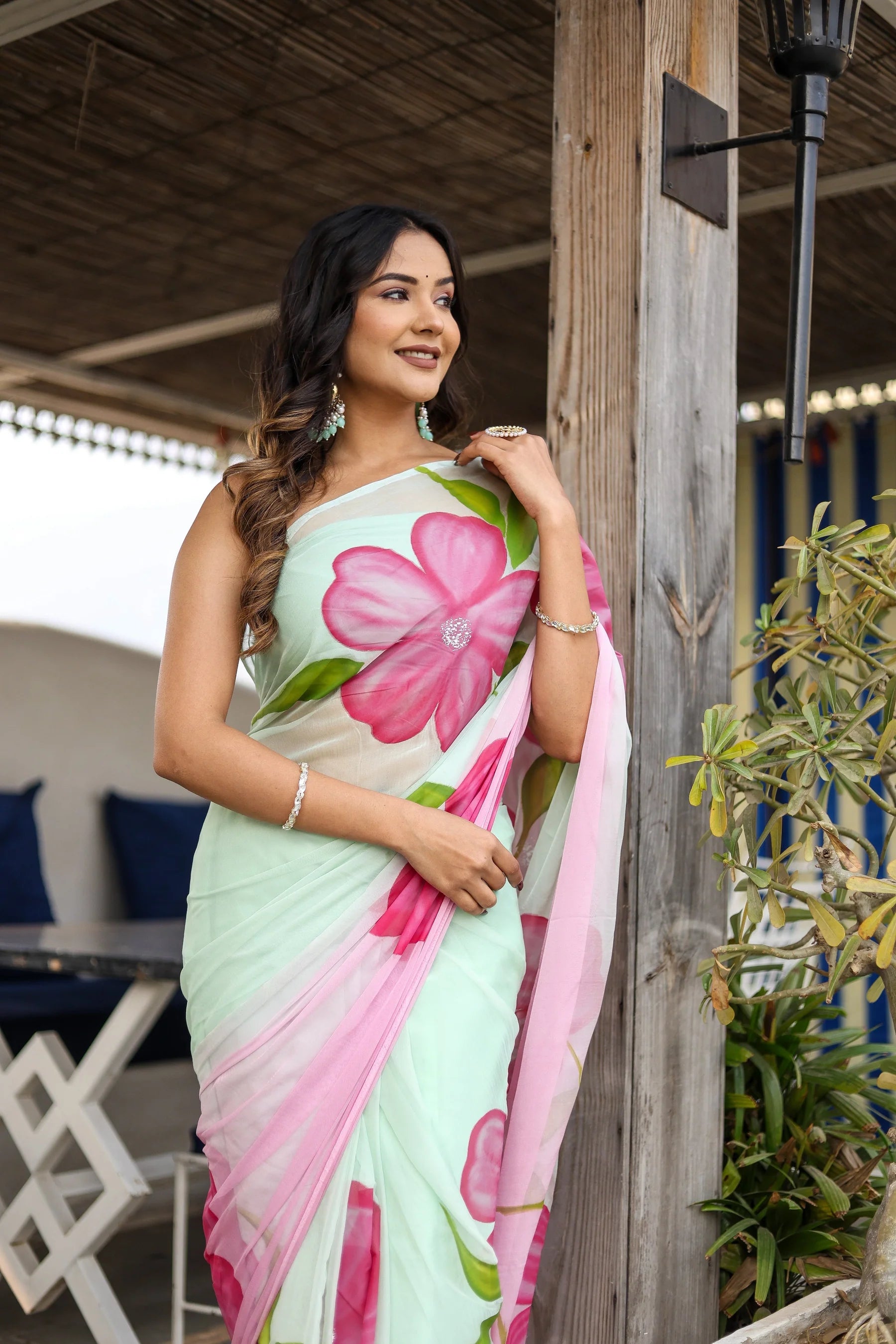 Mint Green Georgette Saree with Hand-Painted Pink Oversized Floral Motifs – Attached Blouse – 5.5 Meters