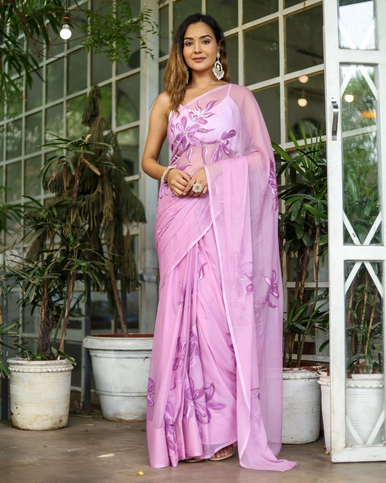 Lavender Georgette Saree with Hand-Painted Purple Floral Motifs & Pearl Highlights – Attached Blouse – 5.5 Meters