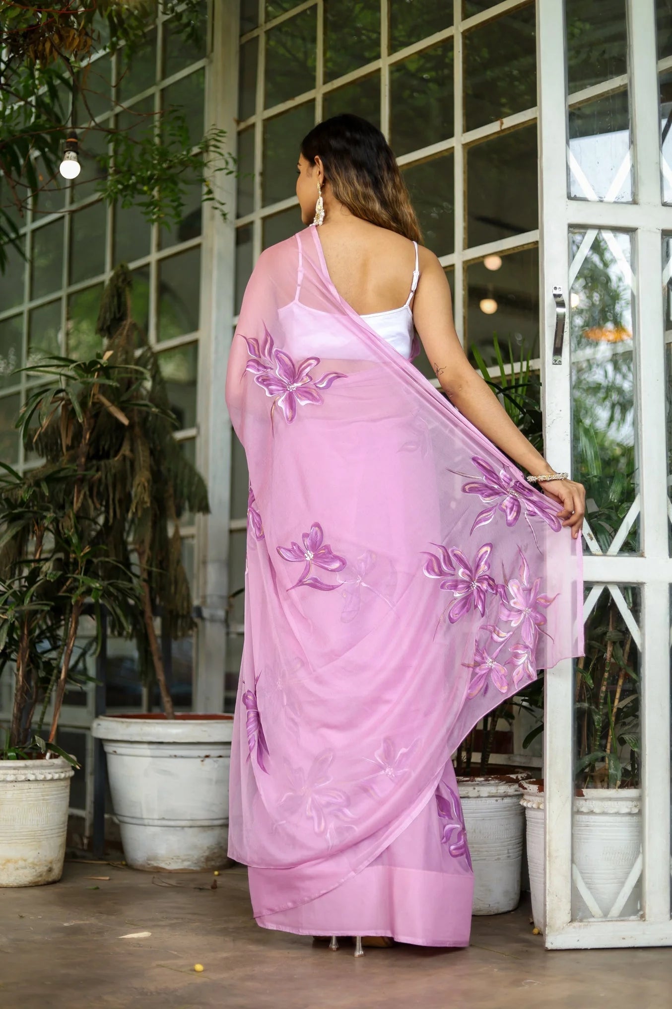 Lavender Georgette Saree with Hand-Painted Purple Floral Motifs & Pearl Highlights – Attached Blouse – 5.5 Meters