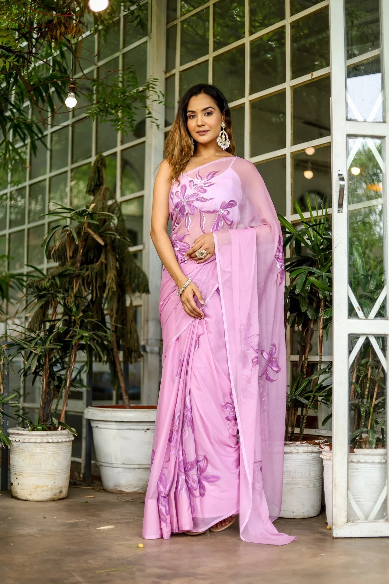 Lavender Georgette Saree with Hand-Painted Purple Floral Motifs & Pearl Highlights – Attached Blouse – 5.5 Meters