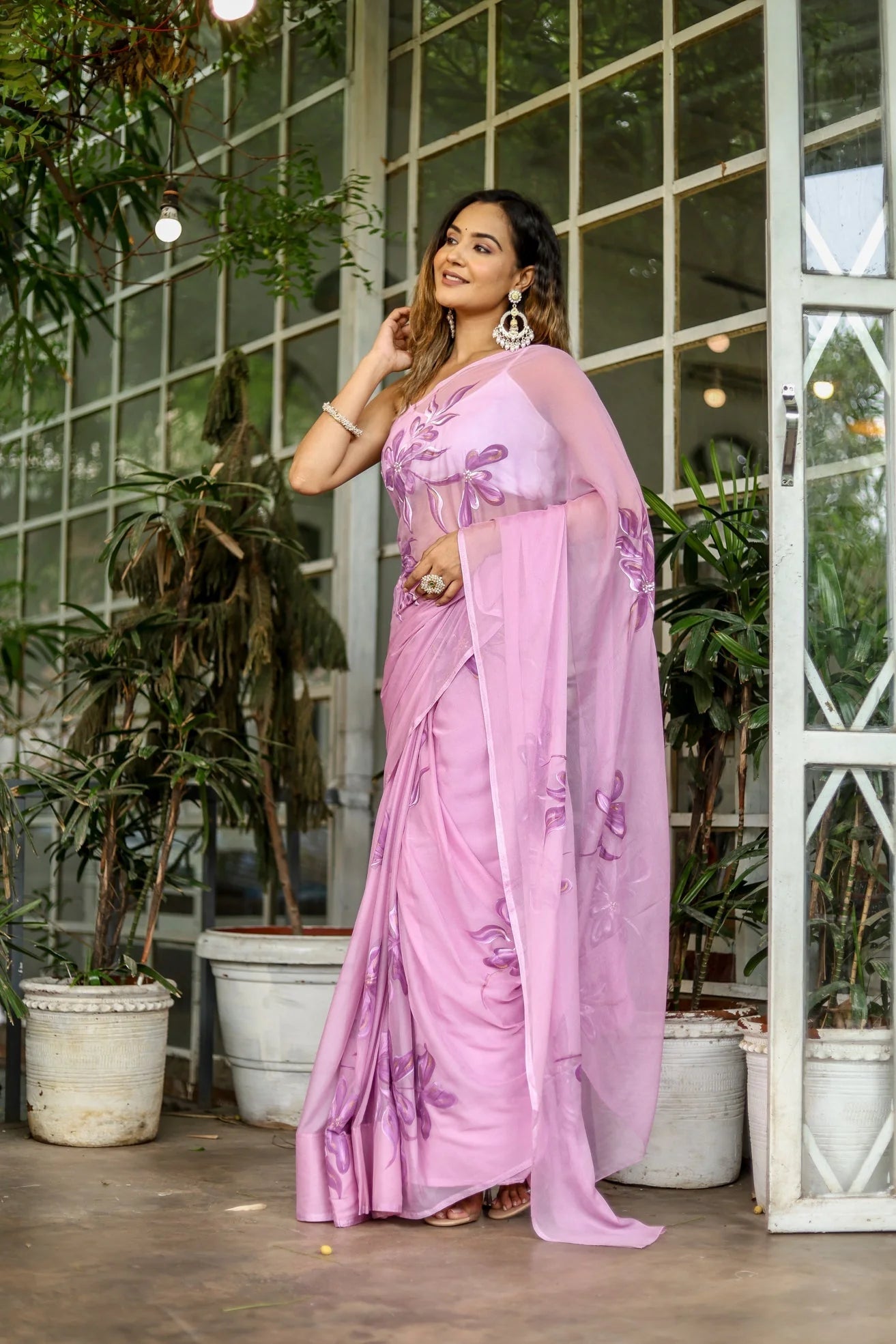 Lavender Georgette Saree with Hand-Painted Purple Floral Motifs & Pearl Highlights – Attached Blouse – 5.5 Meters